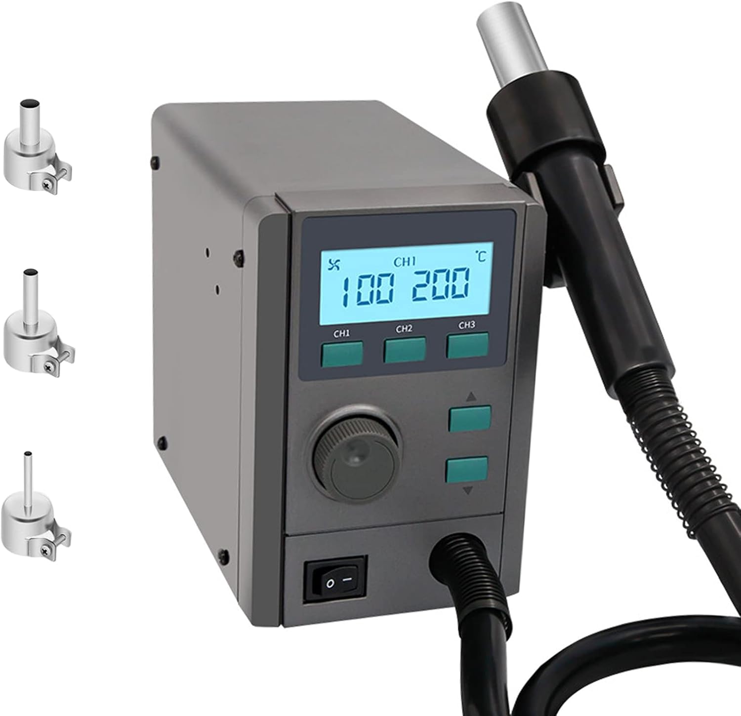Hot Air Rework Station Accurate Temp.(100&deg;C-500 &deg;C), 220V Hot Air Desoldering Station 580W with 3 Nozzles LCD Screen Display Air Speed Adjustable, Fault Tips, Standby and Memory Functions