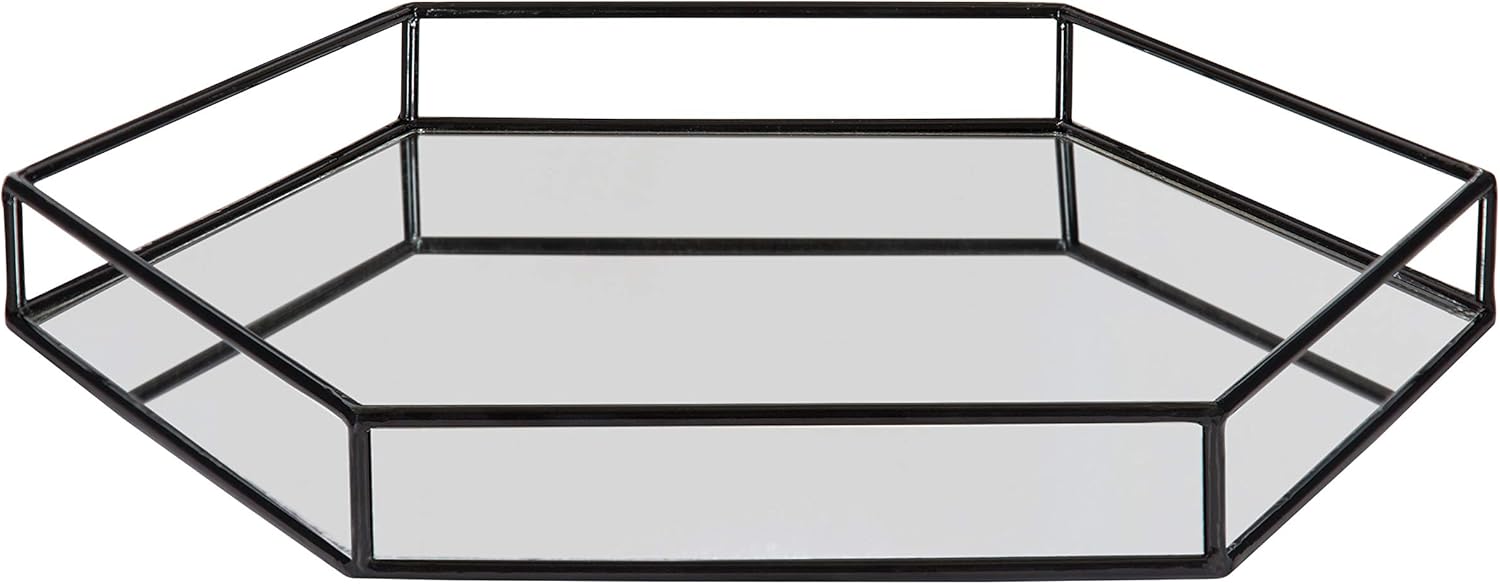 Kate and Laurel Felicia Modern Glam Decorative Metal and Mirror Hexagon Shaped Storage Organizer Vanity Tray, Black