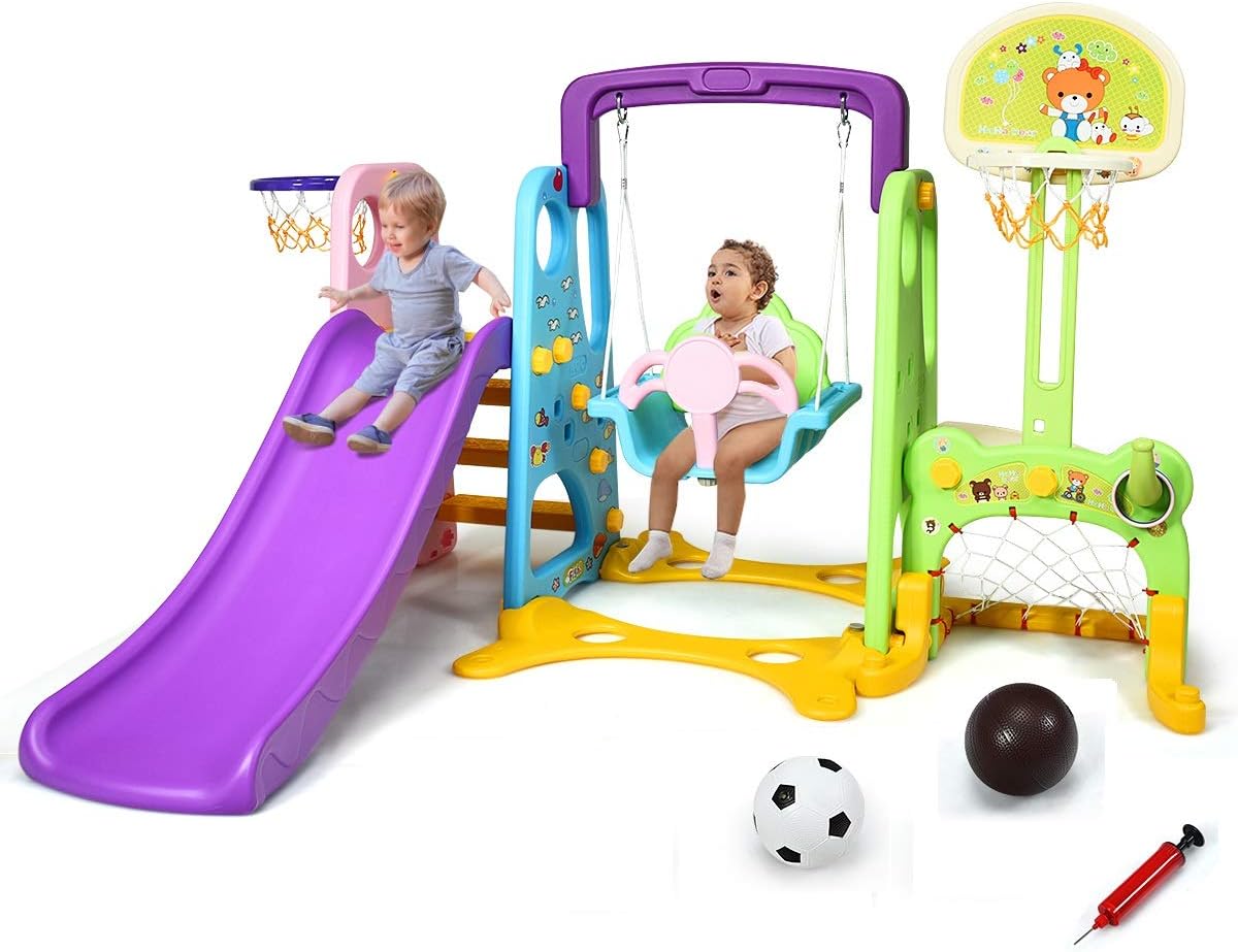 Costzon 6 in 1 Toddler Climber and Swing Set, Climber Slide Playset w/Basketball Hoop, Football Gate, Learning Panel for Indoor & Backyard, Infant Playground Yard Games (6-in-1 Slide & Swing Set)