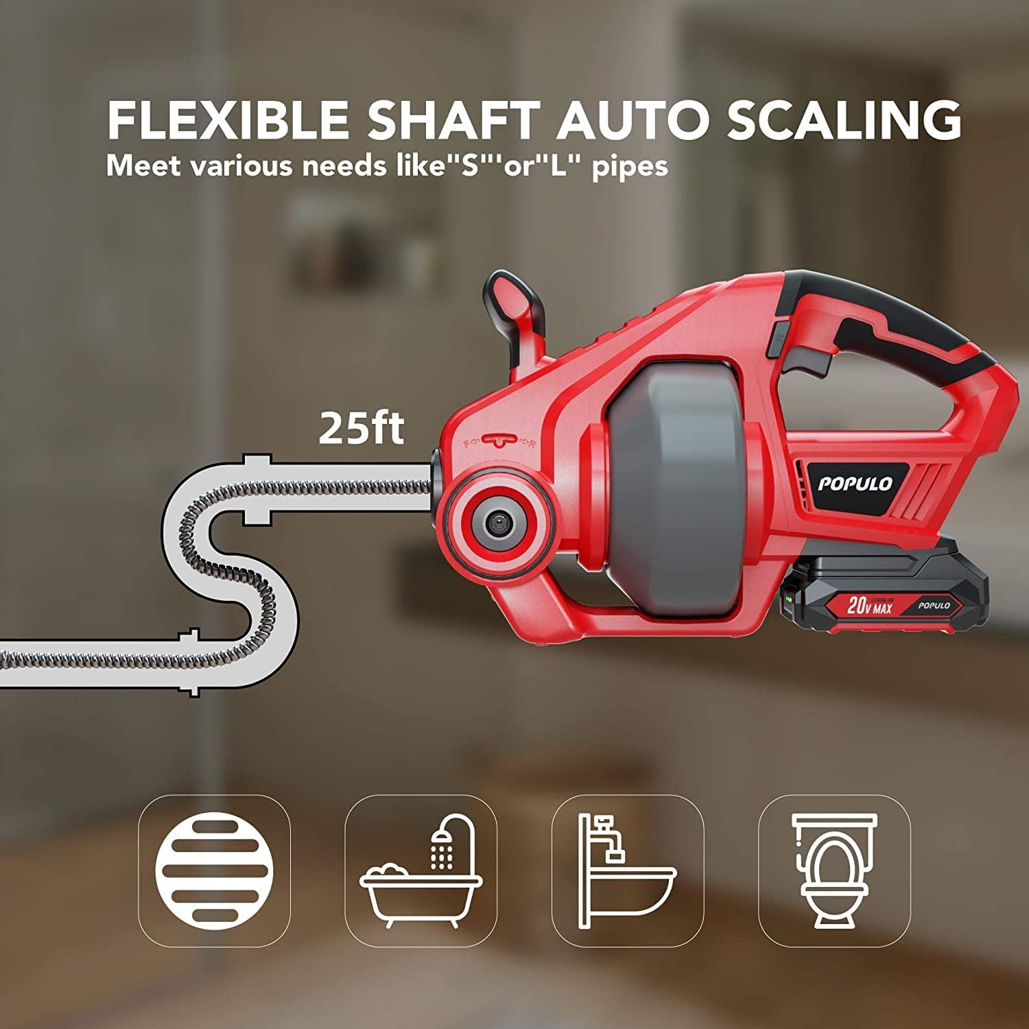 POPULO Drain Auger, Automatic Plumbing Snake, 25Ft(7.6m), 20-Volt Li-Ion, Cordless Drain Clog Remover, Power Tool for 3/4