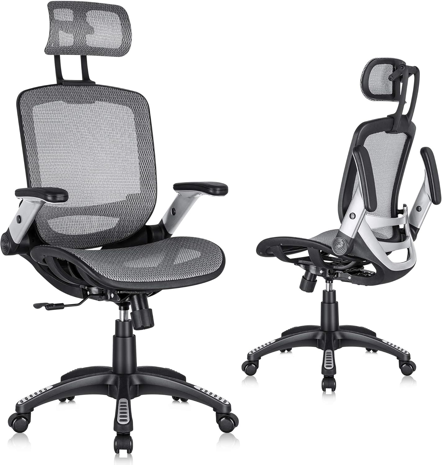 Gabrylly Ergonomic Mesh Office Chair, High Back Desk Chair - Adjustable Headrest with Flip-Up Arms, Tilt Function, Lumbar Support and PU Wheels, Swivel Computer Task Chair, Grey