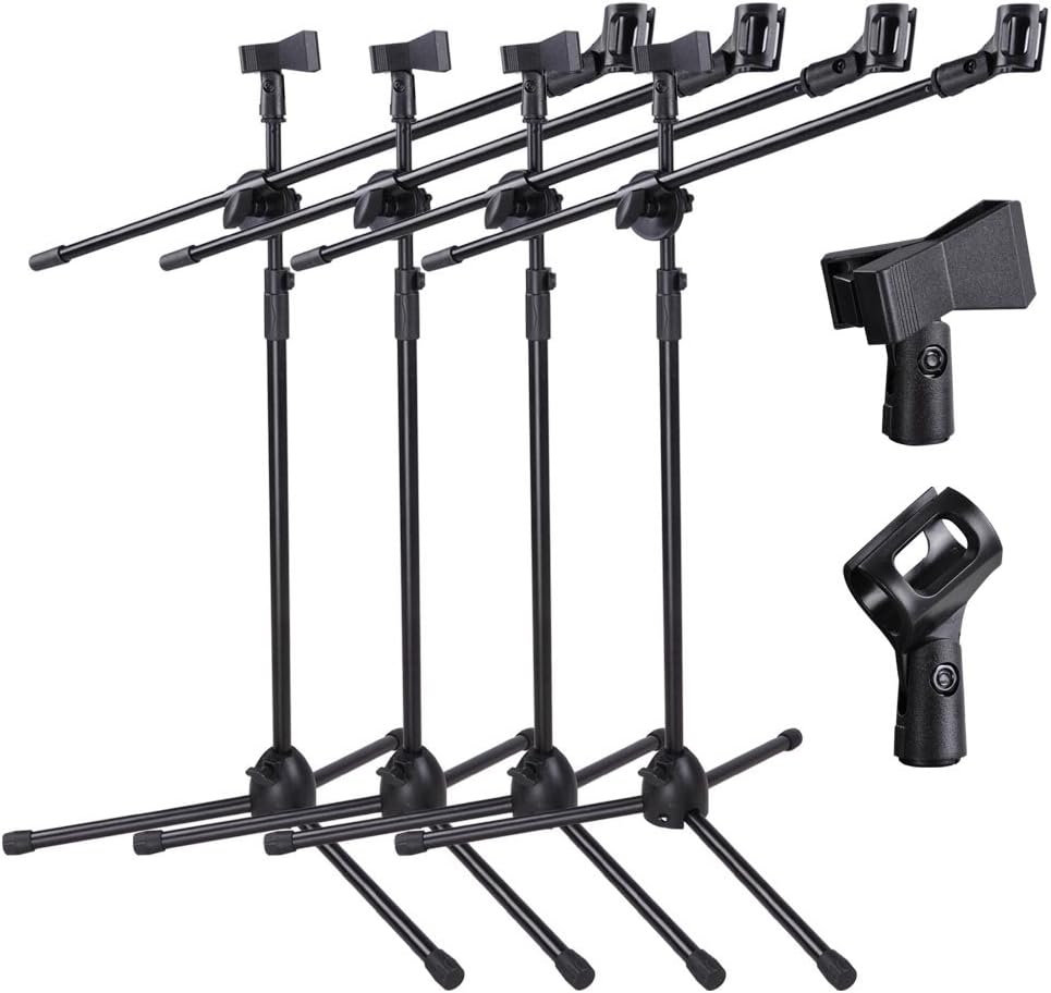 AW 4x Adjustable Height Microphone Tripod Stand Dual Mic Clip 90-degree Rotating Folding Type Boom Arm Tripod for Live Stream Pack of 2