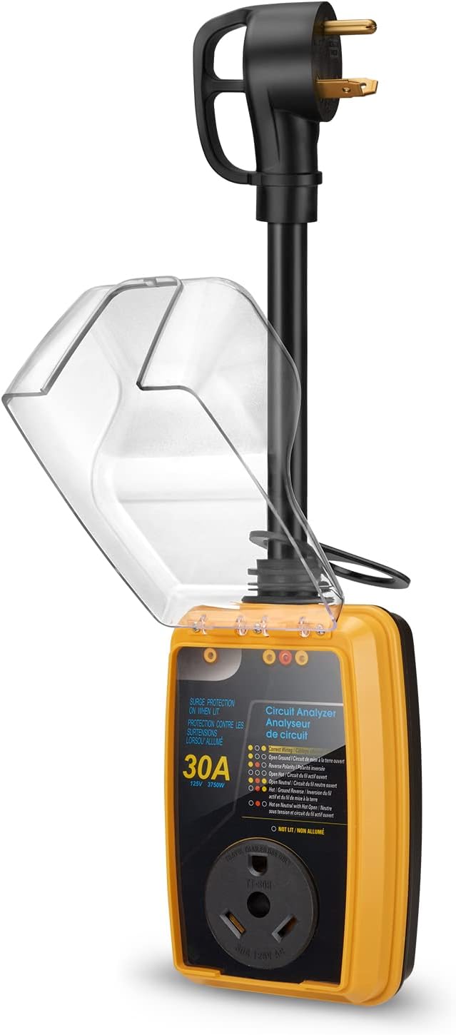 Heavy-Duty RV Surge Protector 30 Amp NEMA TT-30P/TT-30R 1.5FT, Water & Weather Resistant, Flame Retardant, RV Accessories for Travel Trailers with UL Tested, Circuit Analyzer for RV Trailer Camper