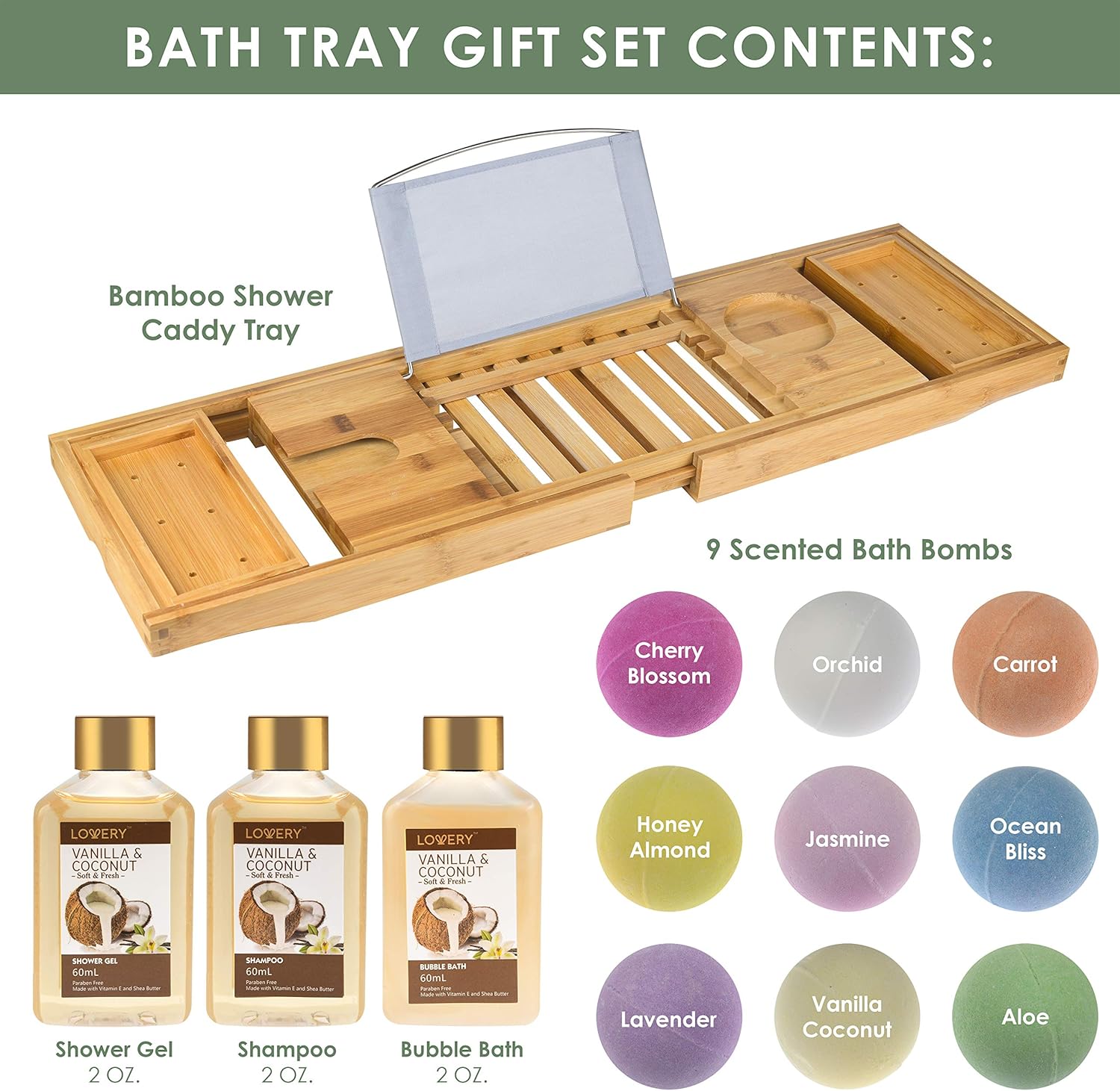 Premium Bamboo Bathtub Caddy Tray Gift Set with Scented Bath Bombs, Shower Gel, Shampoo and Bubble Bath, Luxury Bathtub Tray with Book & Wine Holder - Expandable Tray to Fit Any Tub Pack of 2