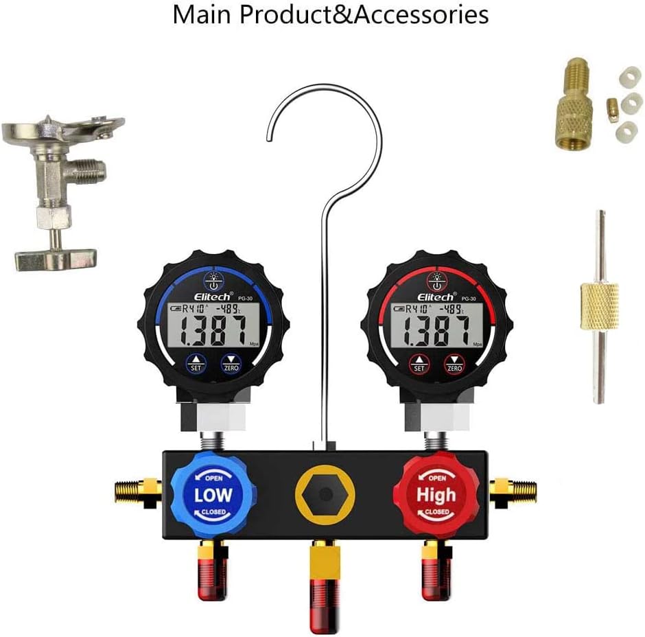 Elitech DMG-1B Digital Manifold Gauge HVAC Pressure Gauge with Carrying Case Hoses
