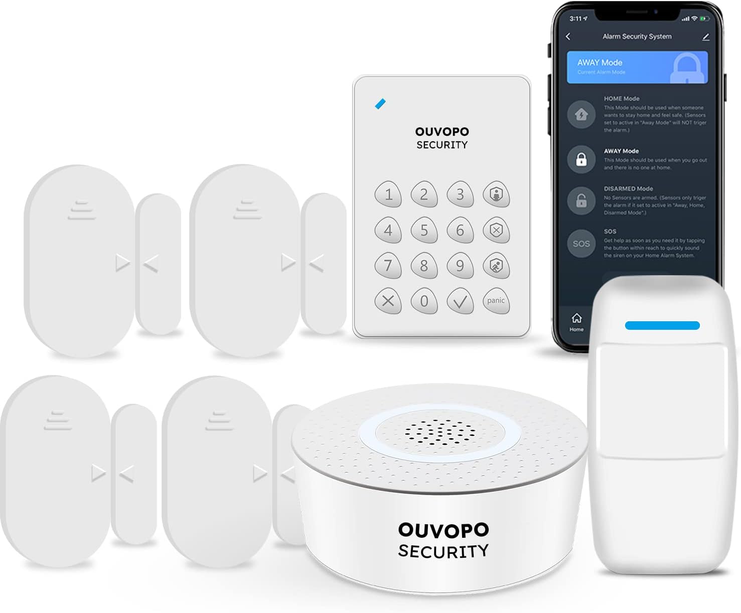 OUVOPO Wireless Home Security System 7 Piece, WiFi Smart Door Alarm with App Alert, No Contract , Work with Alexa, DIY Alarm Siren, Door Windor Motion Sensor, Keypad, for House Apartment Office Pack of 2