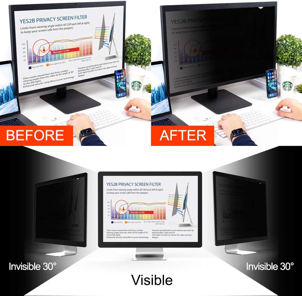 YES2B 21.5 Inch Monitor Privacy Screen Filter for 16:9 Widescreen Display - Computer, Monitor, Desktop PC, Anti Spy, Blue Light Blocking and Anti Glare Protector, Anti-Peeping Shield, Made
