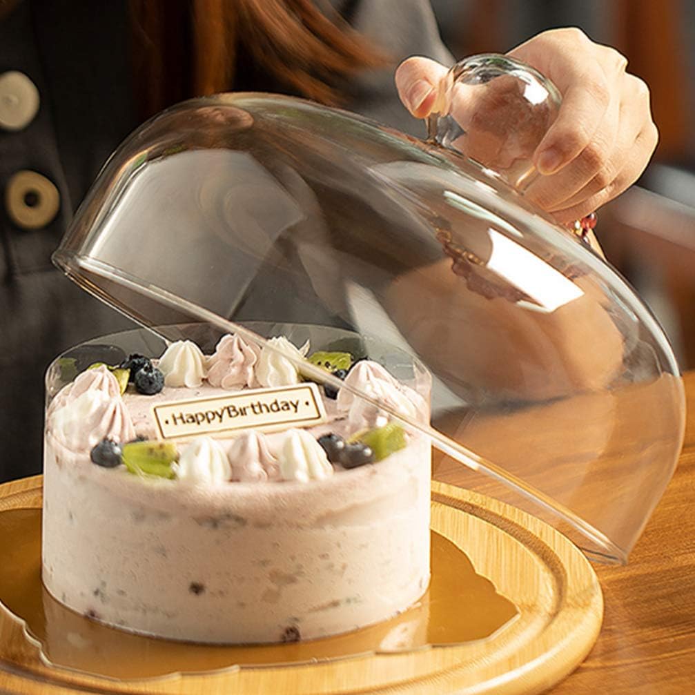 YARNOW Clear Glass Dome Cloche with Bamboo Base Tay Handle Cloche Bell Jar Cake Display Case Tabletop Centerpiece for Dessert Cheese Pastries Pack of 2