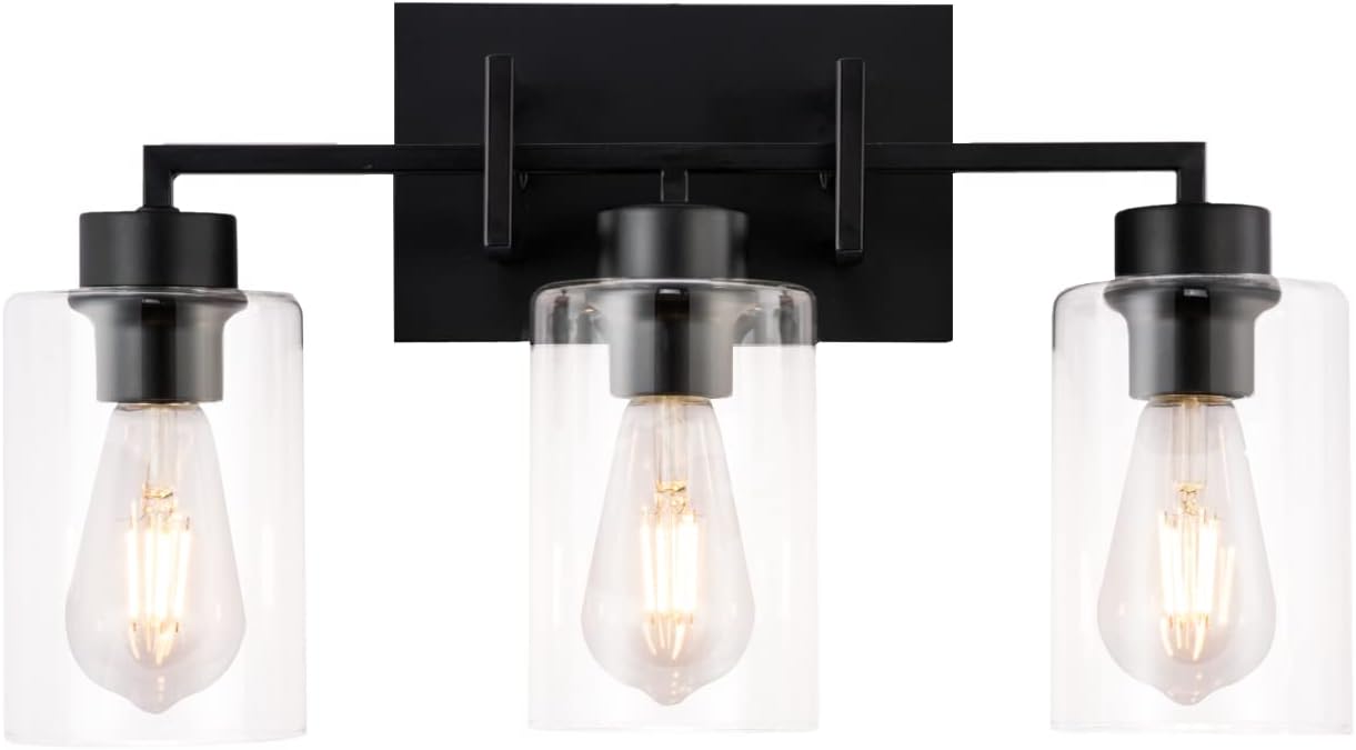KRASTY Industrial Black Bathroom Vanity Light,3-Light Bathroom Lighting Fixtures with Clear Glass Shade,Bath Vanity Light Fixtures Over Mirror Wall Light Sconces for Cabinets