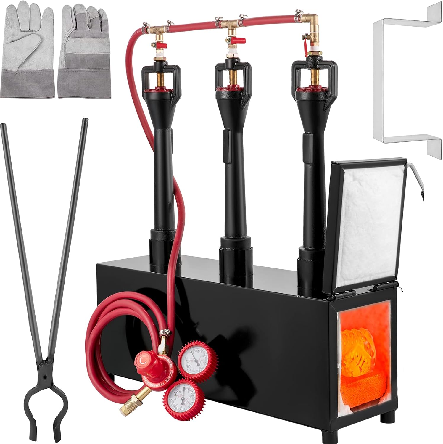 VEVOR Propane Knife Forge, Blacksmithing Forge with Three Burners, Portable Propane Forge with Single Durable Door, Large Capacity Farrier Forge, Square Propane Burner Forge for Knife and Tool Making