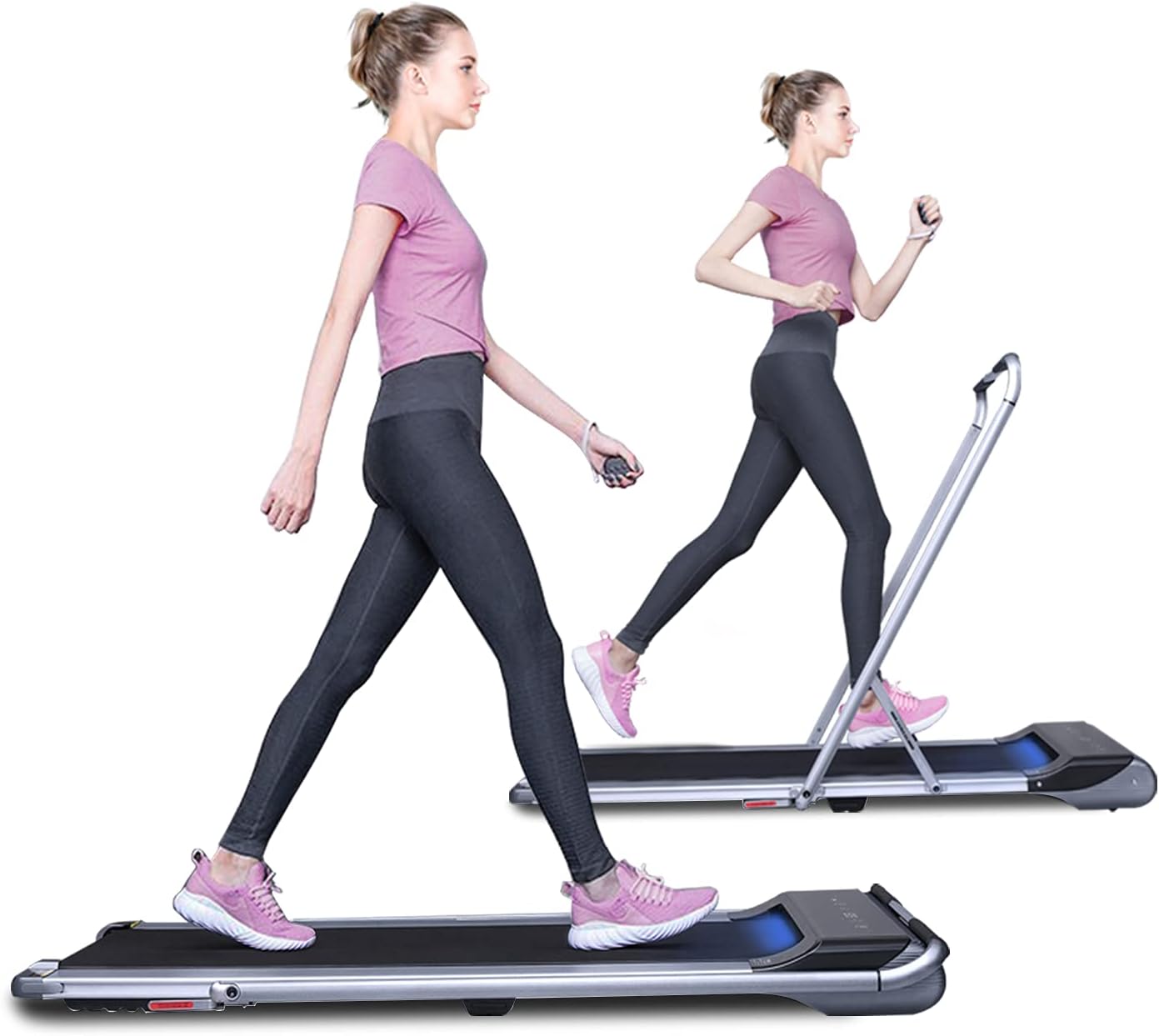 RHYTHM FUN Treadmill Portable Folding Treadmill Slim Walking Running Treadmill with Speed Sensor Light, Foldable Handtrail and Workout App Quiet Mini Treadmill for Home Office Small Spaces