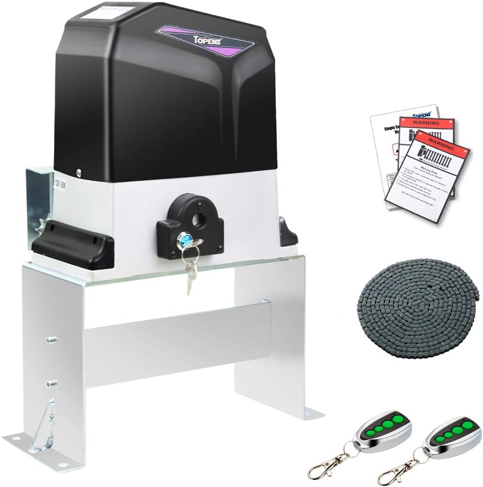 TOPENS CK1200 Automatic Sliding Gate Opener Chain Drive Electric Gate Motor for Heavy Driveway Slide Gate Up to 3400 Pounds, Security Gate Operator AC Powered with 20ft Roller Chain and Remote Control