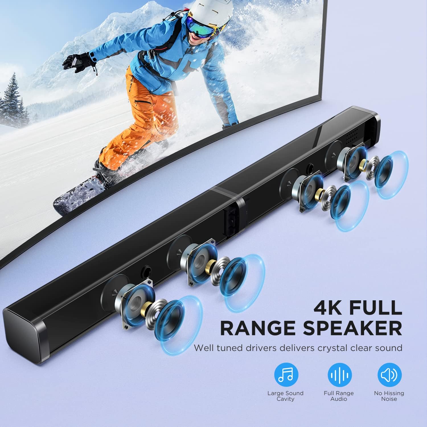 2.1CH Slim TV Sound Bar with Subwoofer, Best Budget Smart Sound Bars for TV, 110dB/100W, 5 EQ Modes, Bass Adjustable, Works with 4K&HD TVs, Bluetooth Enabled, Optical/Aux/USB Connection | Black