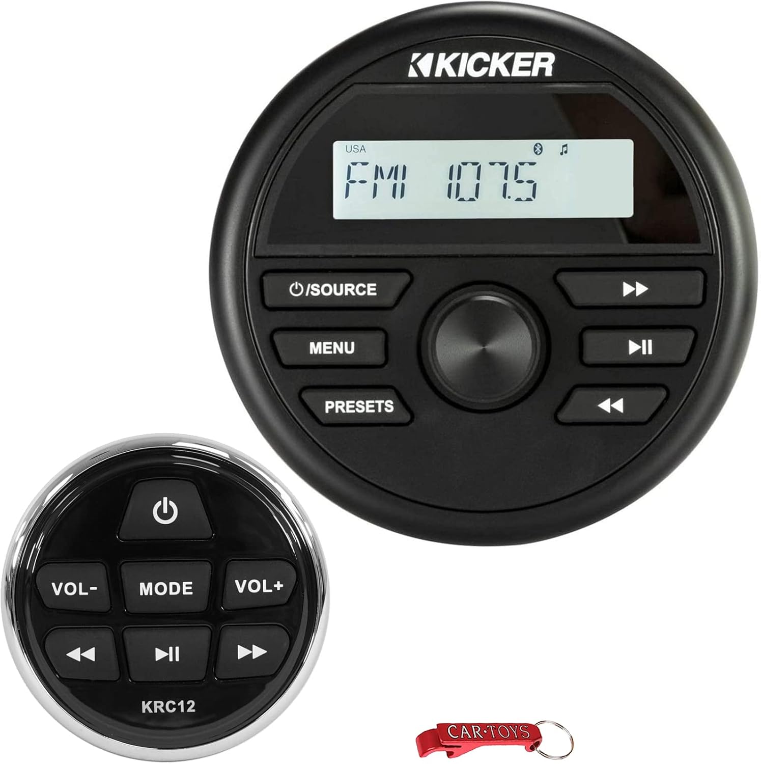 Kicker 46KMC2 Marine/Powersports Media Receiver and 46KRC12 Commander Remote Control Bundle. Compact Gauge Mount Boat Stereo with Bluetooth, AM/FM Radio & USB Input, Weather Resistant, 200 Watts Power