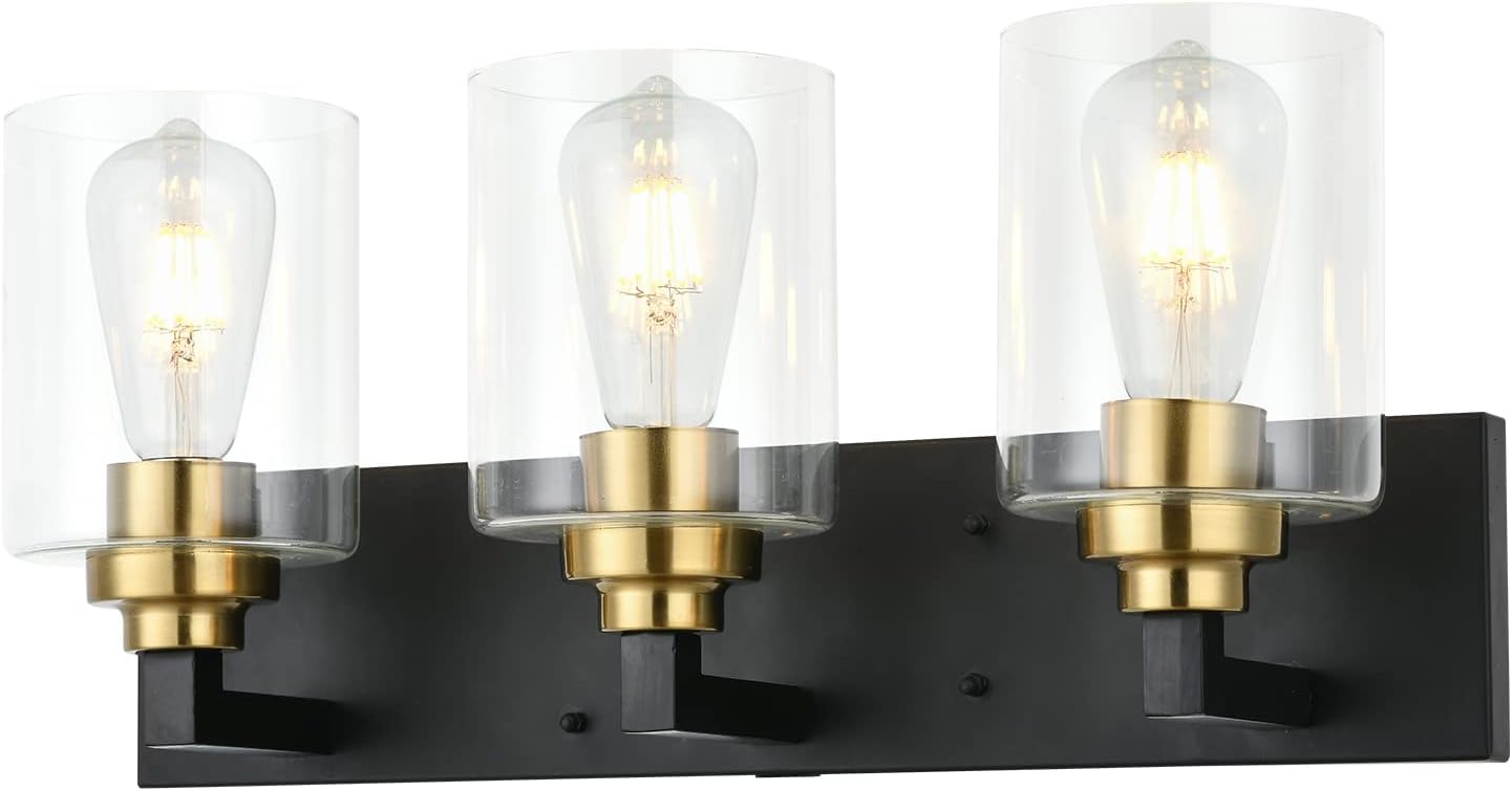 Bathroom Vanity Lights, 3-Light Vintage Wall Sconce Light Fixtures, Powder Coated Black Finish with Clear Glass for Indoor Hallway Living Room
