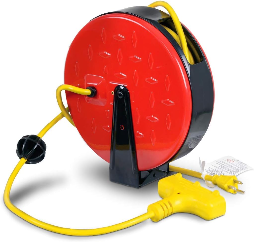 ReelWorks Mini Extension Cord Reel Retractable 16AWG x 30' Foot 3C/SJTW Cable Triple Tap Connector Power 10A 125VAC 1250W Pack of 2