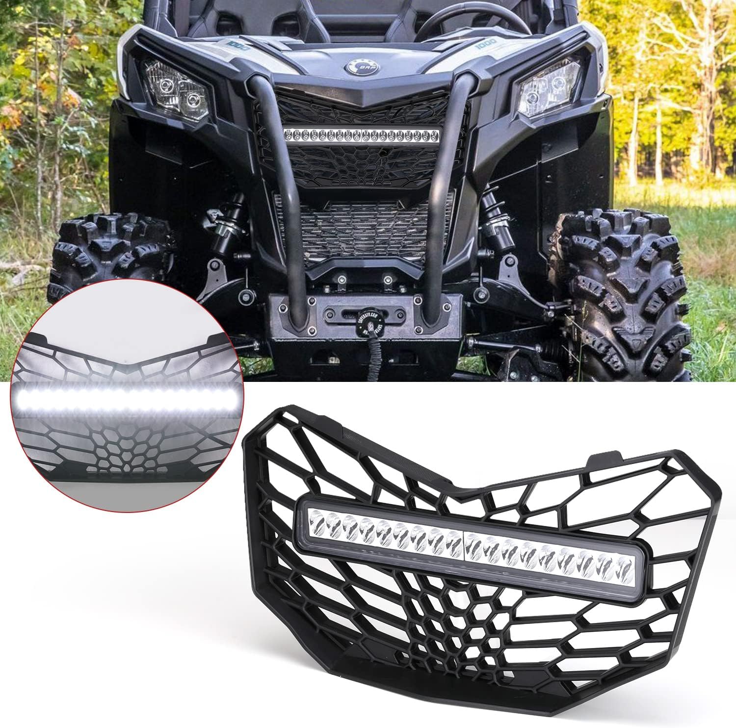HAKA TOUGH Front Mesh Grille with Light for 2018 2019 2020 2021 Can-Am Maverick Trail Sport Max 1000 800 R ,Grill Custom with LED Backlight Light Bar Accessories