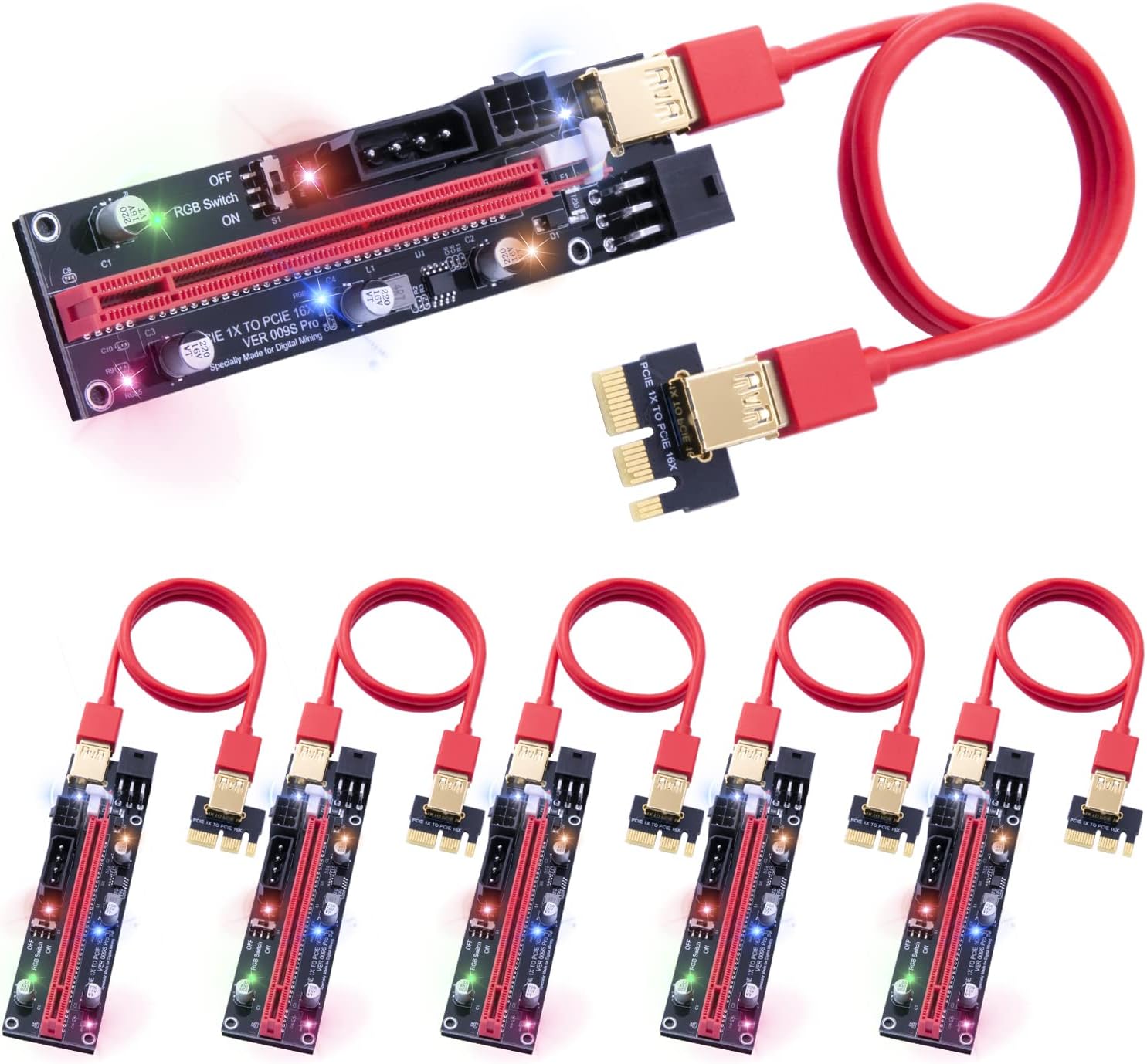Mailiya 009s Pro PCIe Riser, Dual Chip PCI-Express GPU Riser,16X to 1X Powered Riser Adapter Card w/10 Solid Capacitors/RGB LED Light/60cm USB 3.0 Cable Pack of 2