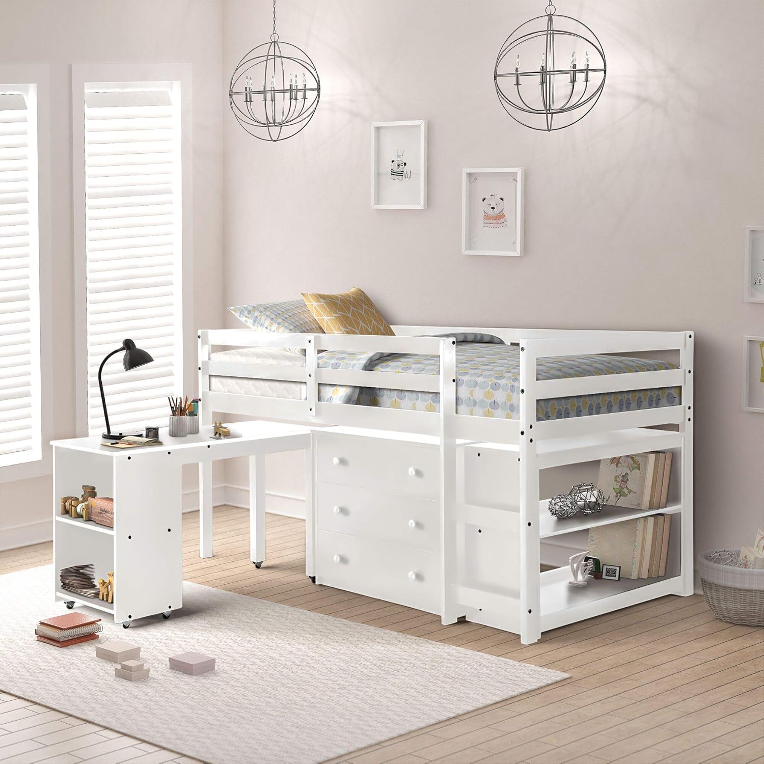 Low Loft Bed Twin with Desk,JULYFOX Pine Wood Bed Frame with Headboard Guard Rails No Box Spring Needed Loft Bed with Ladder Cabinet Shelf Portable Writing Desk Spacing Saving for Kids Teens-Espresso