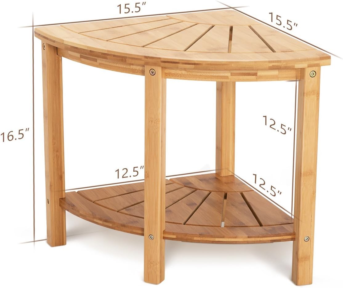 OasisSpace Corner Shower Stool, Bamboo Shower Bench with Storage Shelf, Wooden Spa Bath Organizer Seat, Perfect for Indoor or Outdoor