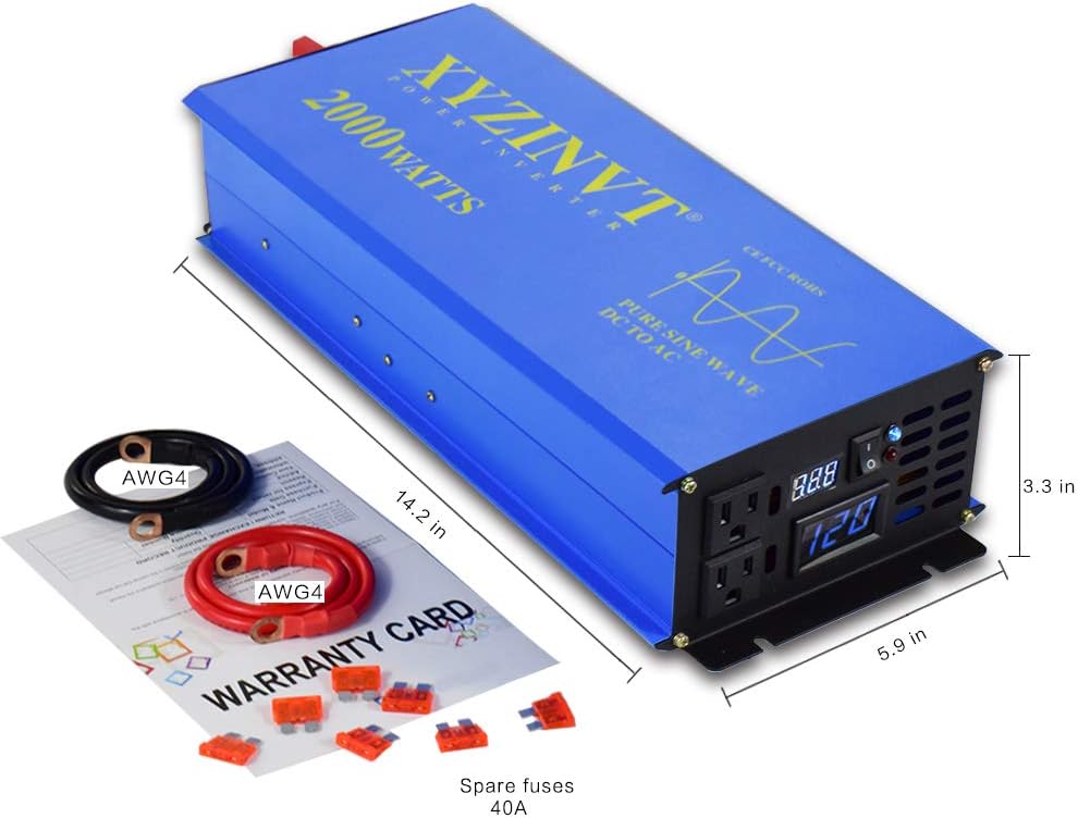 XYZ INVT 2000 watt 2kw Pure Sine Wave Power Inverter dc 12v to ac 120v with LED Display and Wireless Remote Controller for RV Car Off-Grid Solar System (2000w 12v RC)