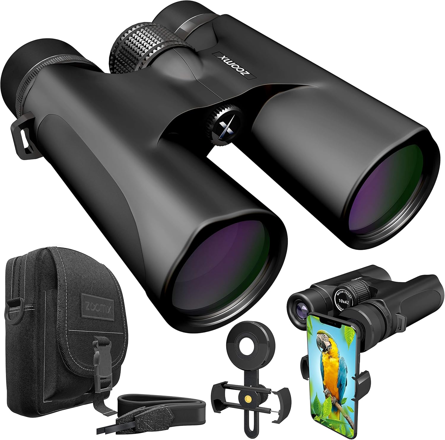 Stellax ZoomX Binoculars for Adults 10x42 Waterproof Binocular Prism BAK4 FMC Lens HD Binoculars for Bird Watching Hunting Traveling with Smartphone Adapter Carrying Bag Black