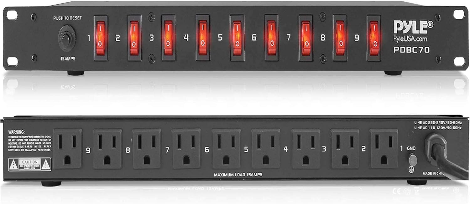 PDU Power Strip Surge Protector - 150 Joules,9 Outlet Strips Surge Protector z - Heavy-Duty Electric Extension Cord Strip - 1U Rack Mount Protection Power Outlet Strip - 9 Front Switch - Pyle PDBC70 Pack of 2