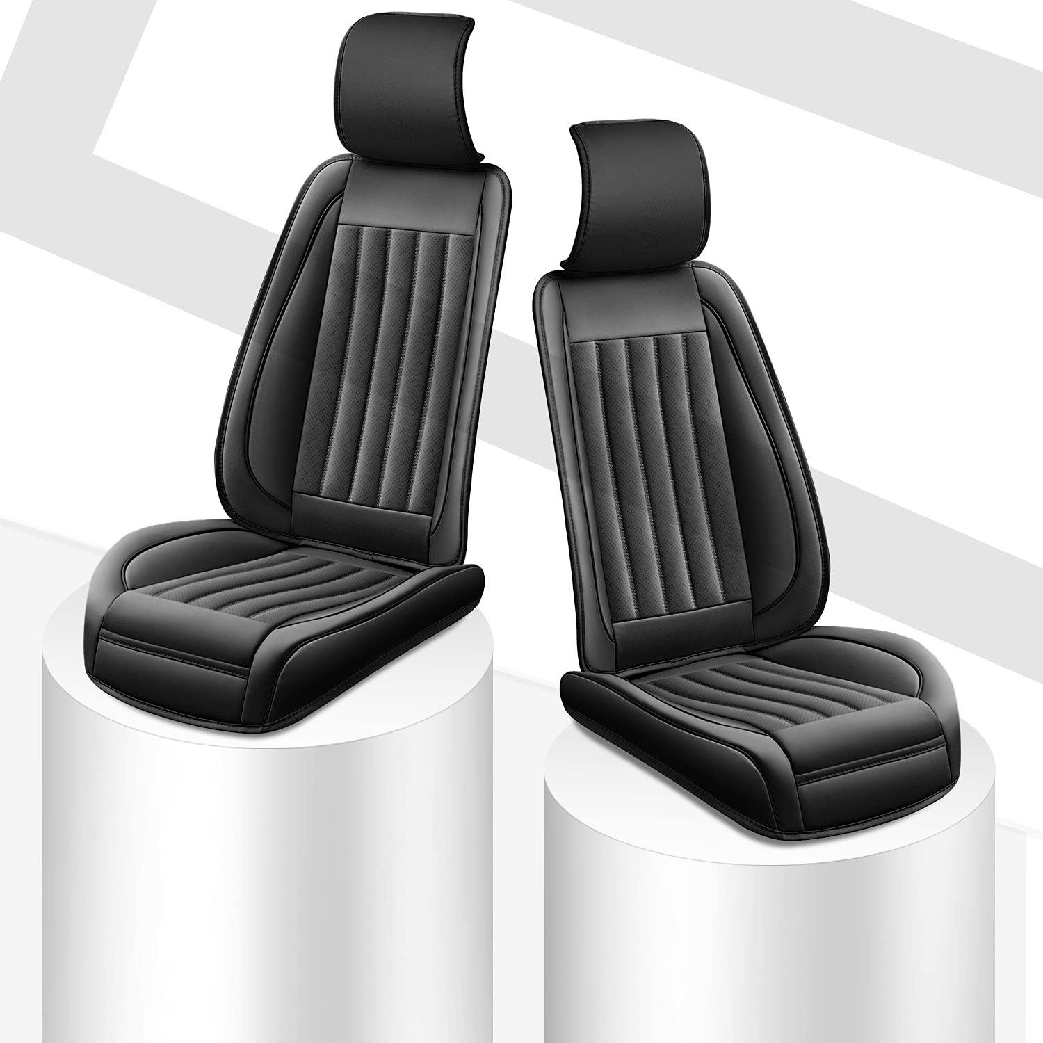 Sunny color 1pc Front Seat Covers, Leather Car Seat Covers Universal for Cars SUV Pick-up Truck Van Interior Accessories-Vertical Stripe Design(Black)