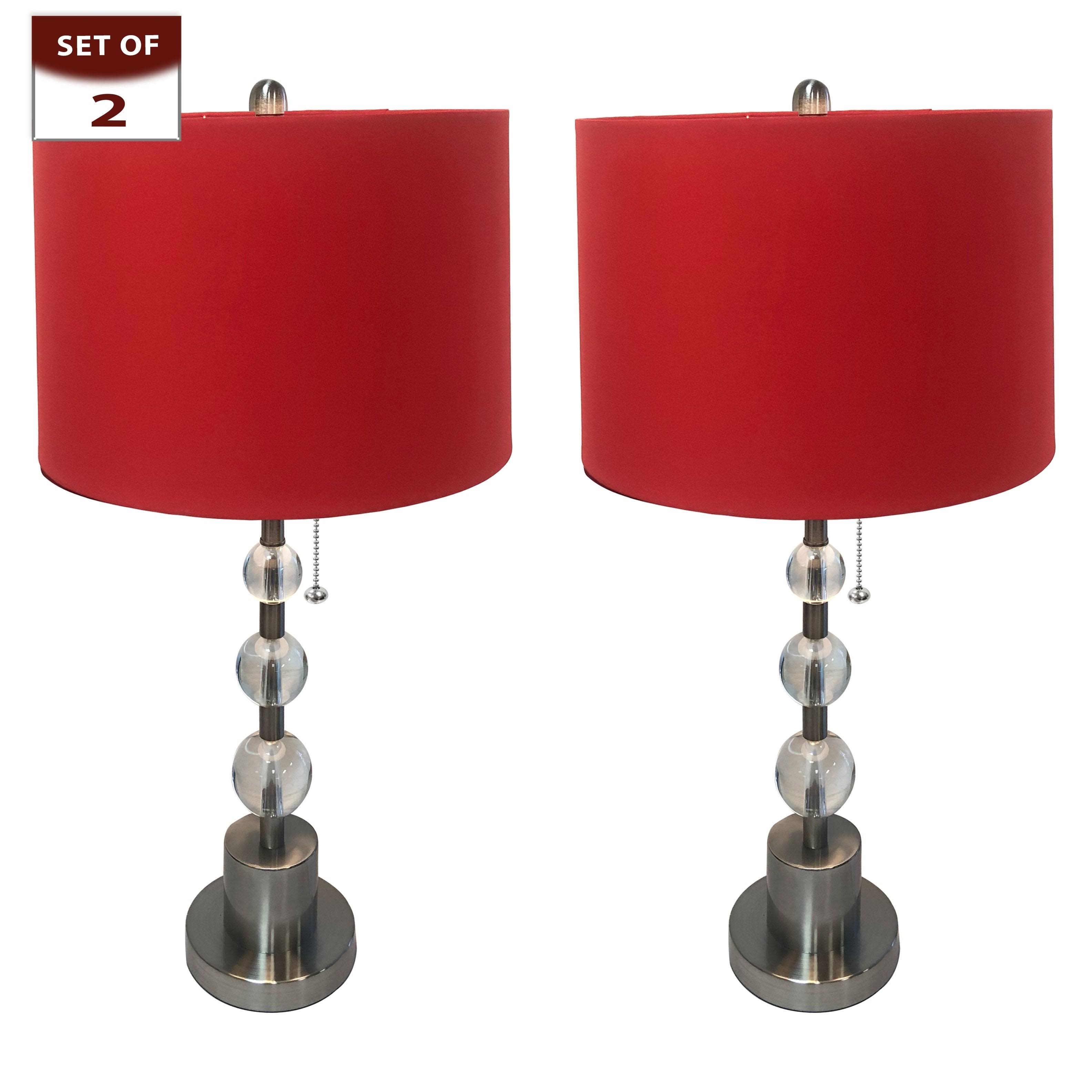 Royal Designs Brush Nickel Lamp with Crystal Ball Accents and Red Shallow Drum Hardback Lamp Shade, Set of 2