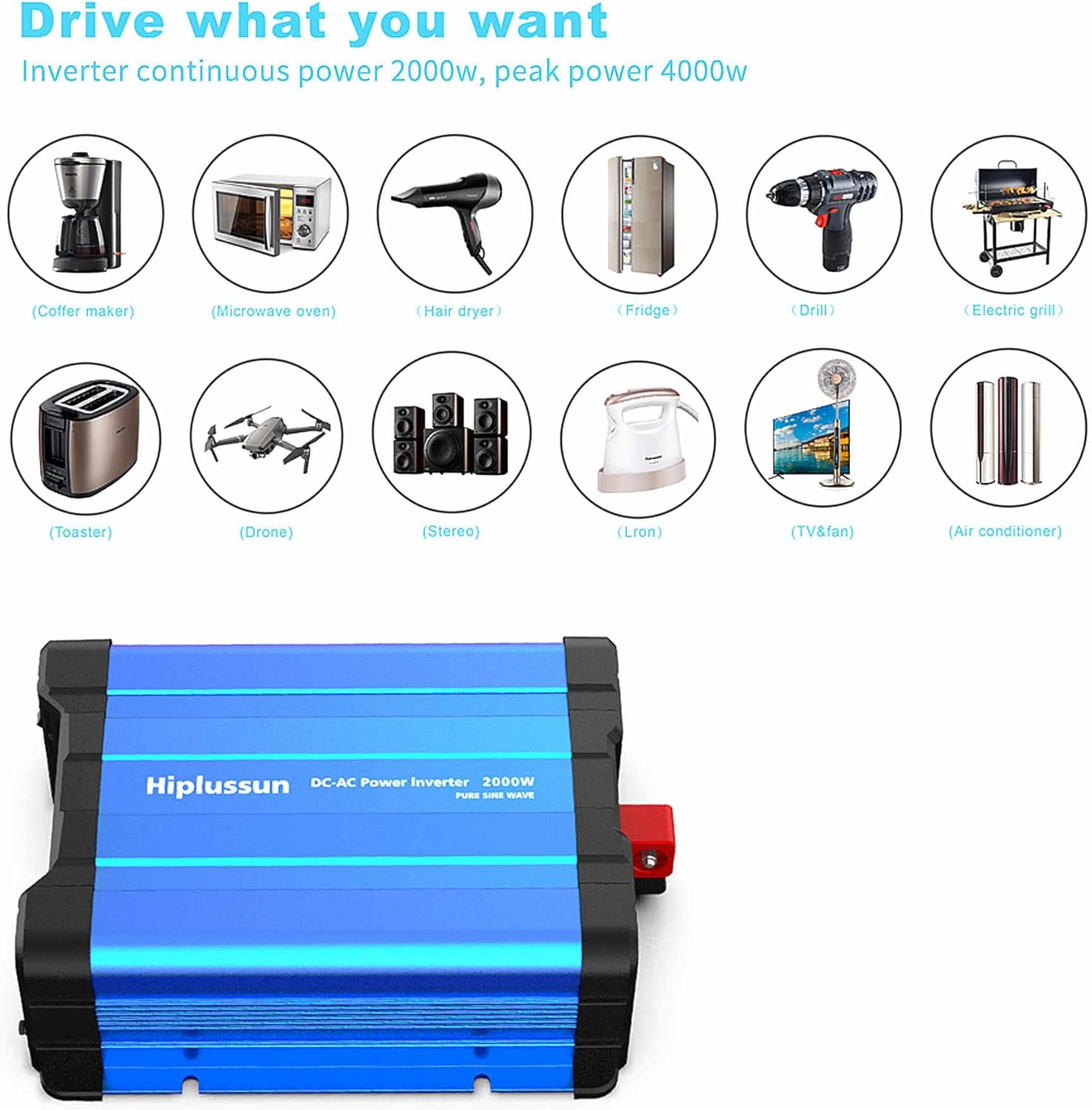 2000 Watt Inverter Pure Sine Wave Power Inverter, Hiplussun Inverter 12v to 110v DC to AC with Wireless Remote and Display and Dual AC Outlets and USB Port