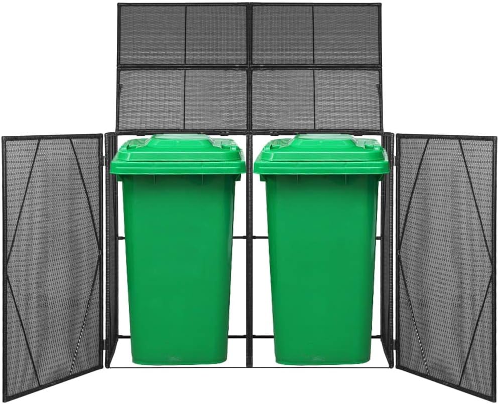 INLIFE Double Wheelie Bin Shed Anthracite Poly Rattan Trash Powder-Coated Steel Frame Water Resistant Trash Container Management Unit with Enclosure and Lid Black 60.2