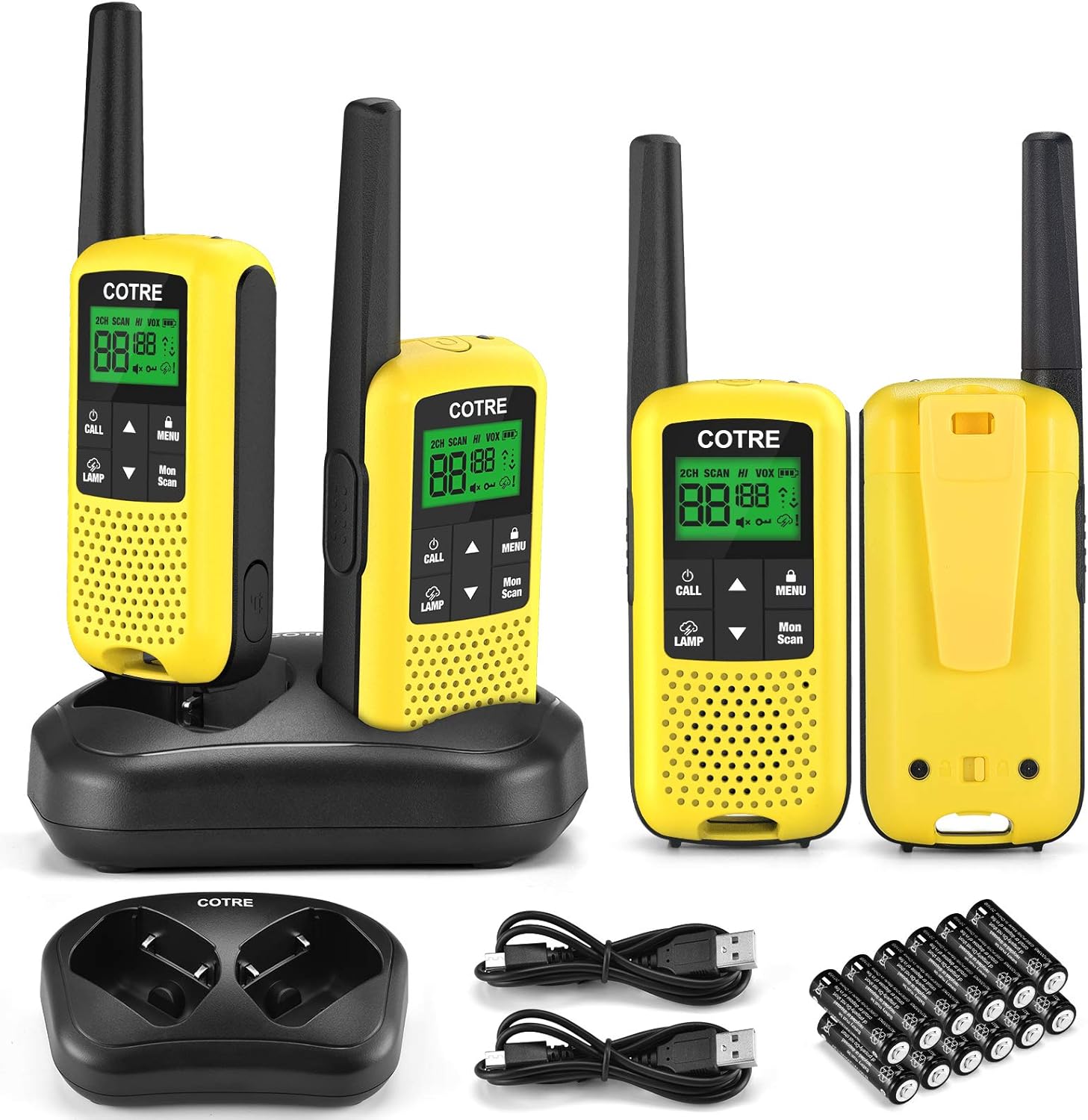 Walkie Talkies for Adults - COTRE Rechargeable Walkie Talkies with 2662 Channels, Up to 32 Miles Long Range Walkie Talkies, NOAA & Weather Alerts, VOX & Scan, LED Lamplight, Yellow(4 Pack)