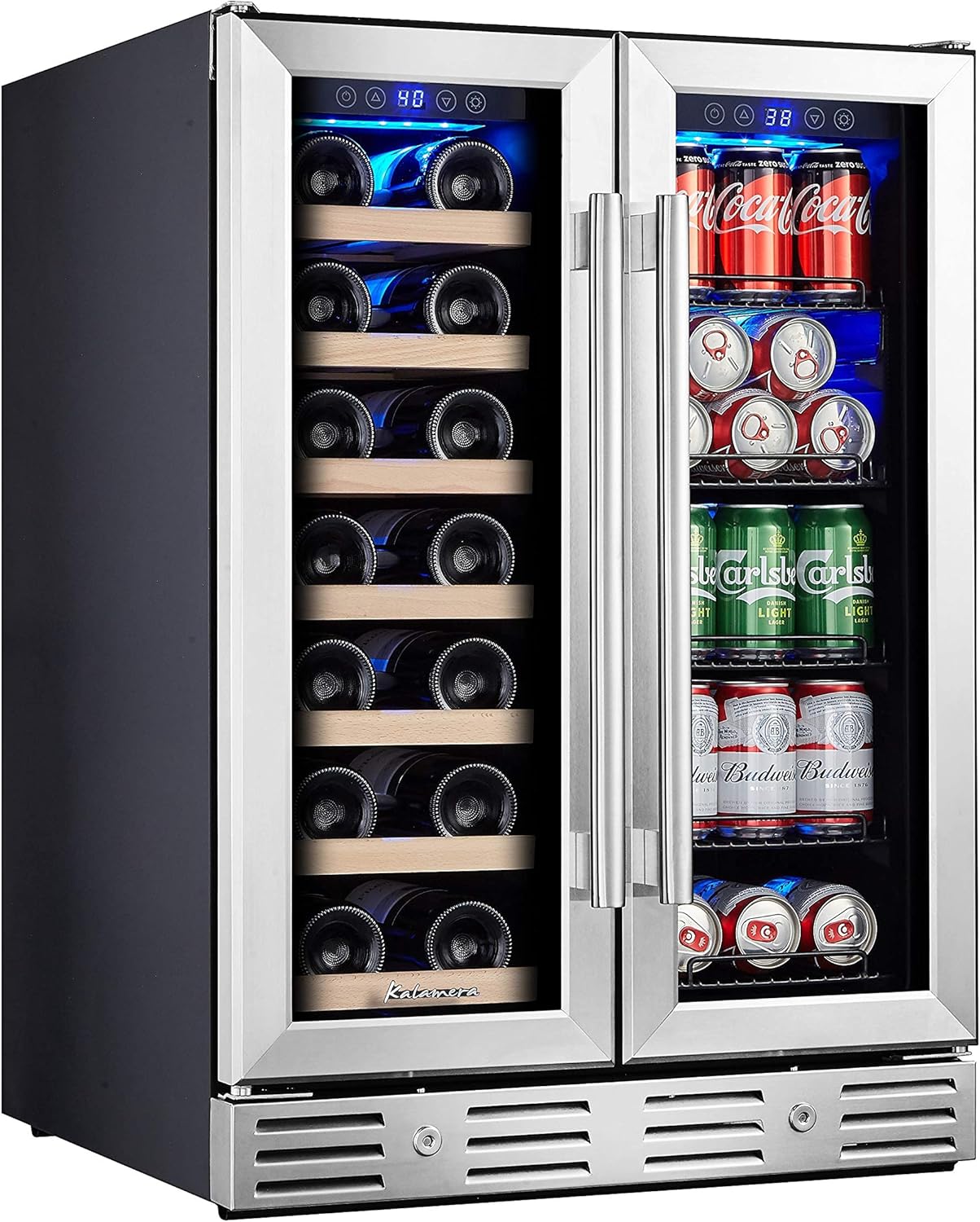 Kalamera Wine and Beverage Refrigerator, Kalamera 24 inch Under Counter Dual Zone Wine Cooler for Home - Built in Wine Fridge w/ 20 Bottles and 78 Cans Capacity
