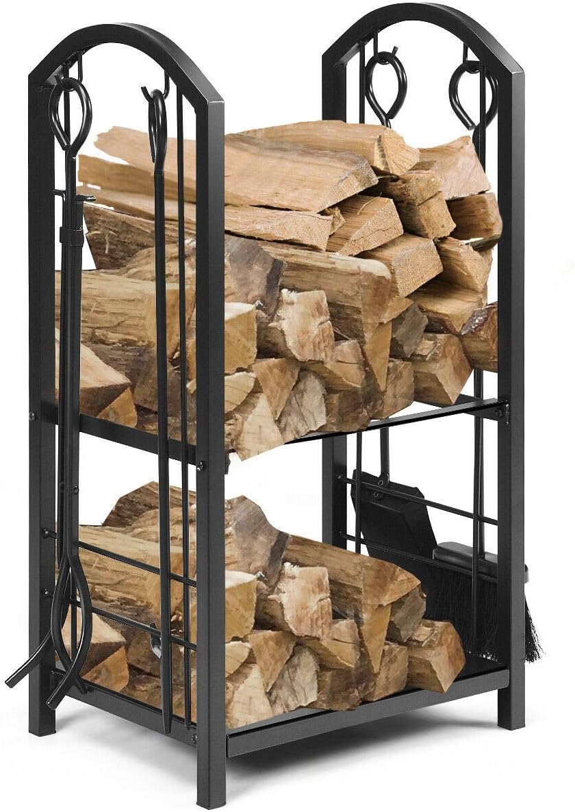 Tangkula Firewood Rack with 4 Fireplace Tools, Firewood Rack Bin Log Holder with Fireplace Tools Set Includes Firewood Rack, Brush, Shovel, Poker, and Tongs (17.5