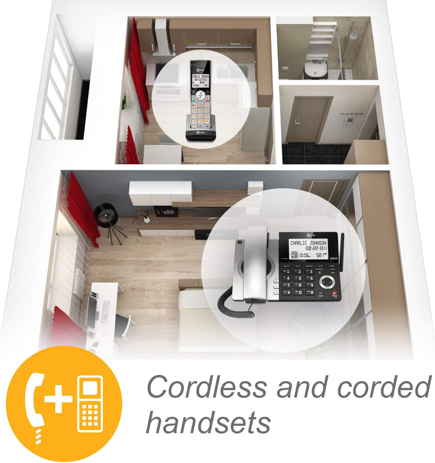 AT&T CL84107 DECT 6.0 Expandable Corded/Cordless Phone with Smart Call Blocker, Black/Silver with 1 Handset Pack of 2