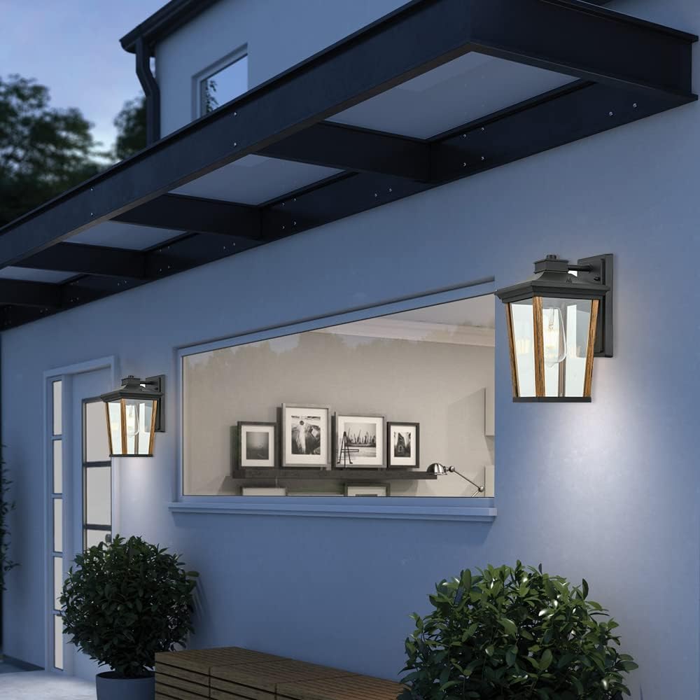 Smeike Outdoor Wall Sconce, Wood Grain & Black Finish Porch Light Fixtures, Wall Mount Anti-Rust Exterior Sconce with Clear Glass for Outside Garage Driveway Patio