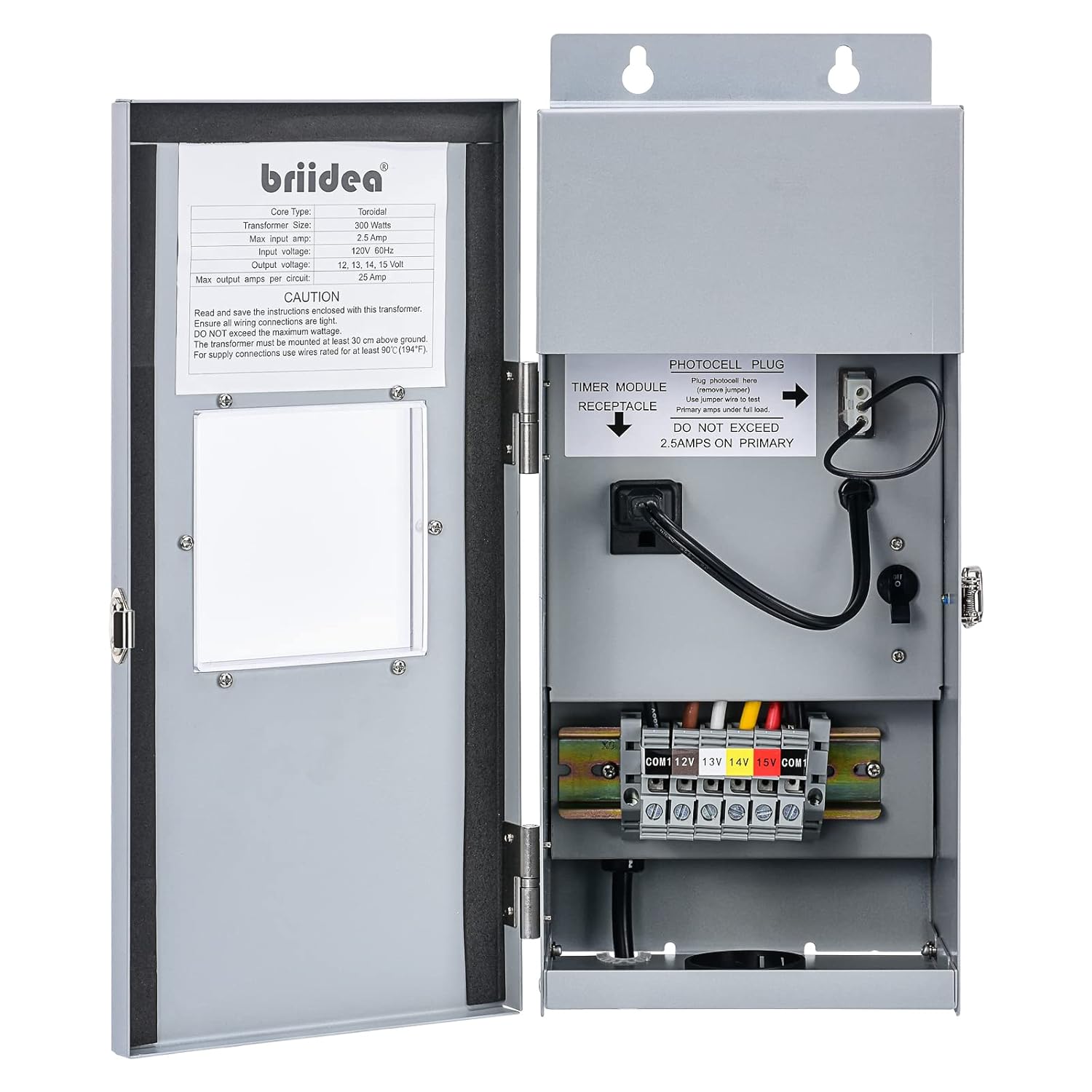 300W Multi-Tap Low Voltage Transformer for Landscape Lighting, Briidea Outdoor Transformer Convert 120V AC to 12V/13V/14V/15V AC, Heavy-Duty Stainless Steel Shield