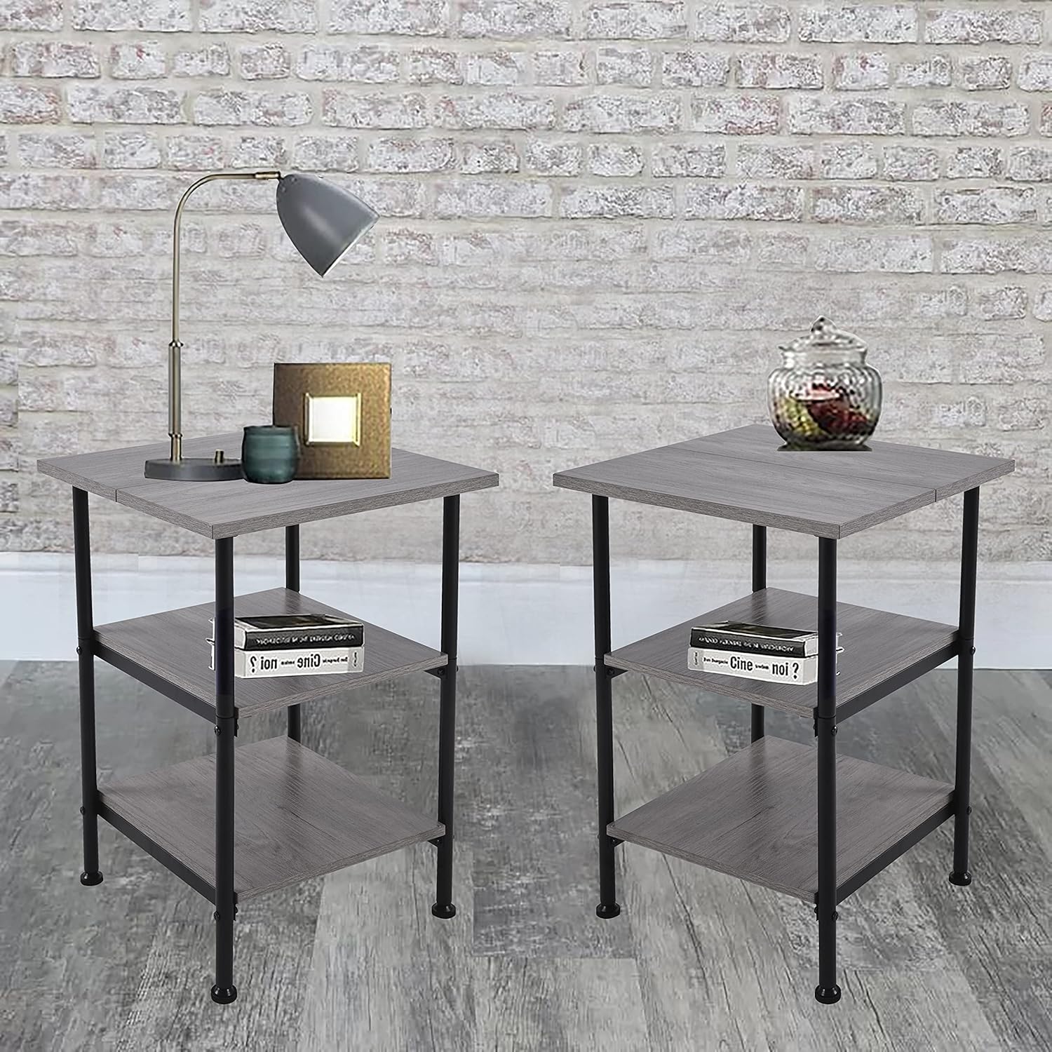 Nightstand, Set of 2 Side Tables, End Tables with Wood Shelves, for Living Room, Bedroom, Industrial, Stable Steel Frame, Easy Assembly, Brown and Black