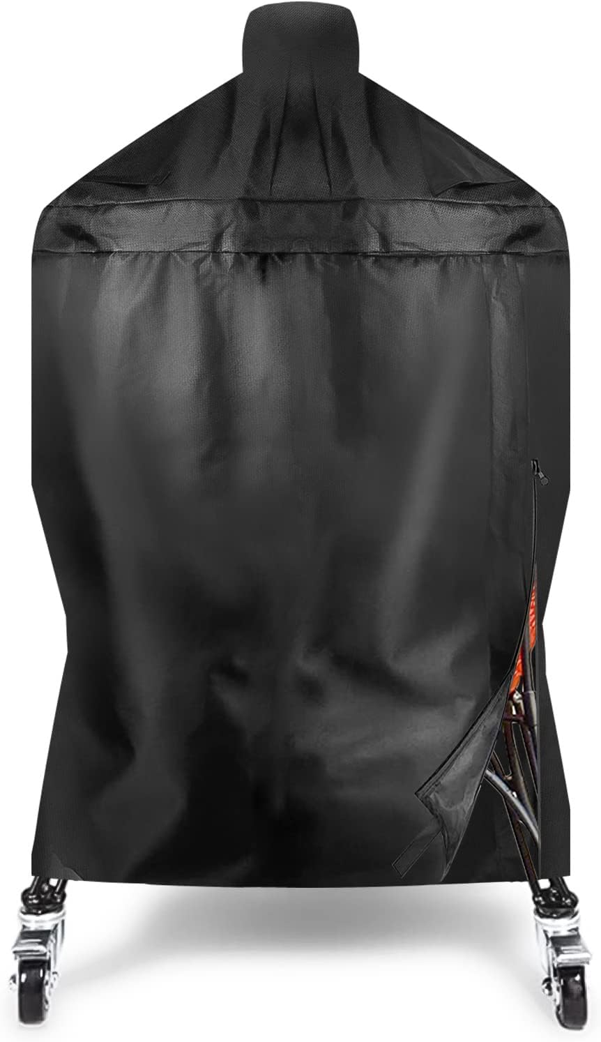 Grisun Upgraded Kamado Grill Cover - for Kamado Joe Classic Charcoal Grills, Heavy Duty Waterproof Grill Cover for Large Big Green Egg, Full Length Cover with Handle, Special Zipper Design, Black Pack of 2