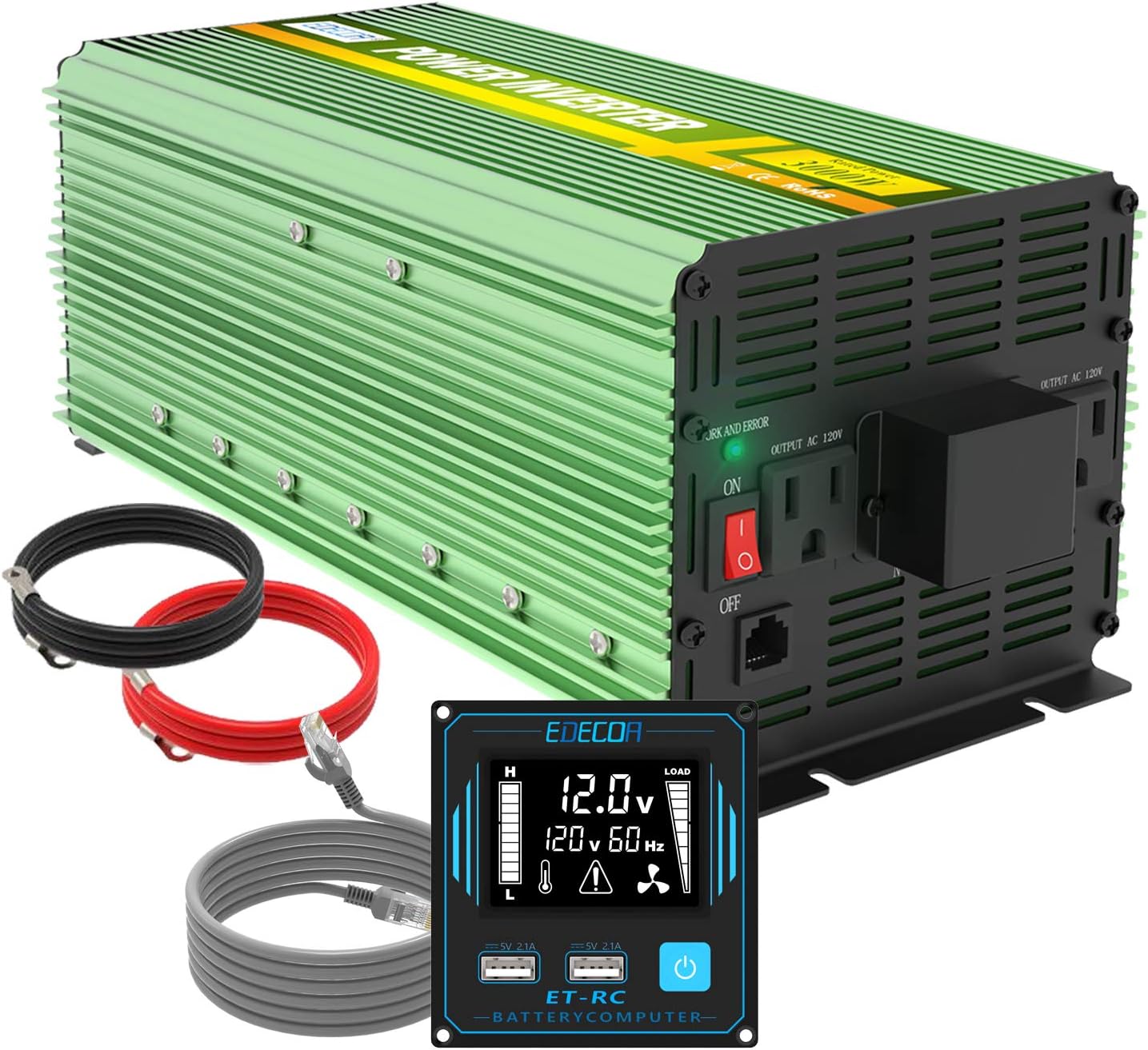 EDECOA 3000 Watt Power Inverter DC 12V to AC 110V 120V for Car Truck RV with LCD and Dual USB Romte Controller (ET-RC)