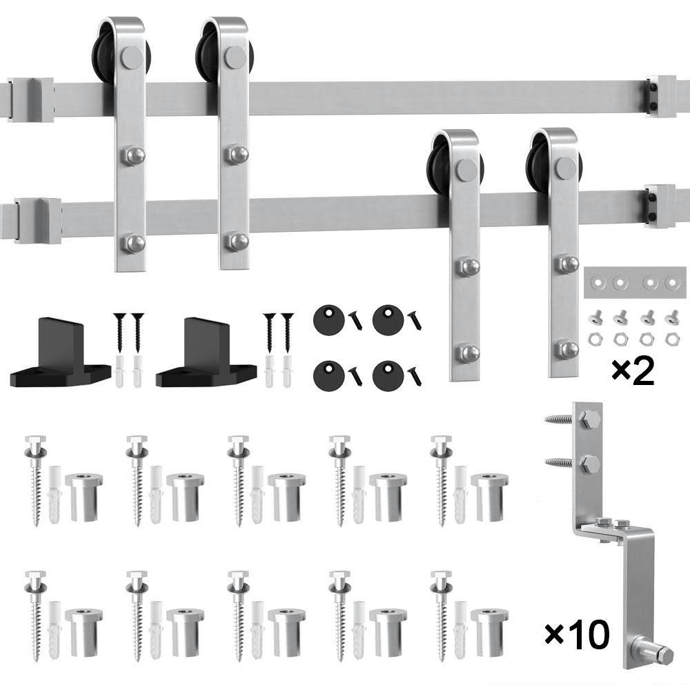 Winsoon 12 ft. /144 in. Stainless Steel Sliding Bypass Barn Door Hardware Track Kit for Double Doors Non-Routed Floor GUIDE, Sil