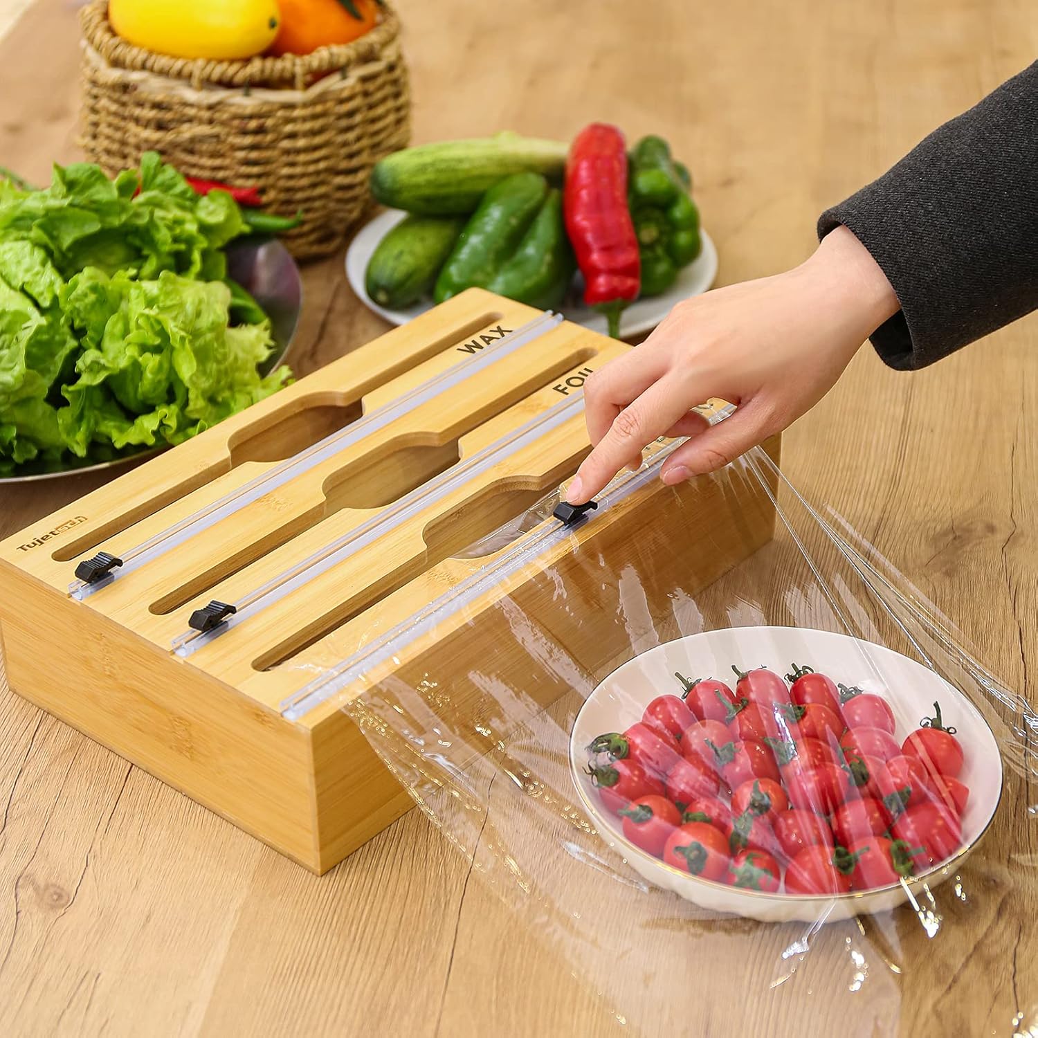 3 in 1 Wrap Dispenser with Cutter and Labels, Plastic Wrap, Aluminum Foil and Wax Paper Dispenser for Kitchen Drawer, Bamboo Roll Organizer Holder, Compatible with 12