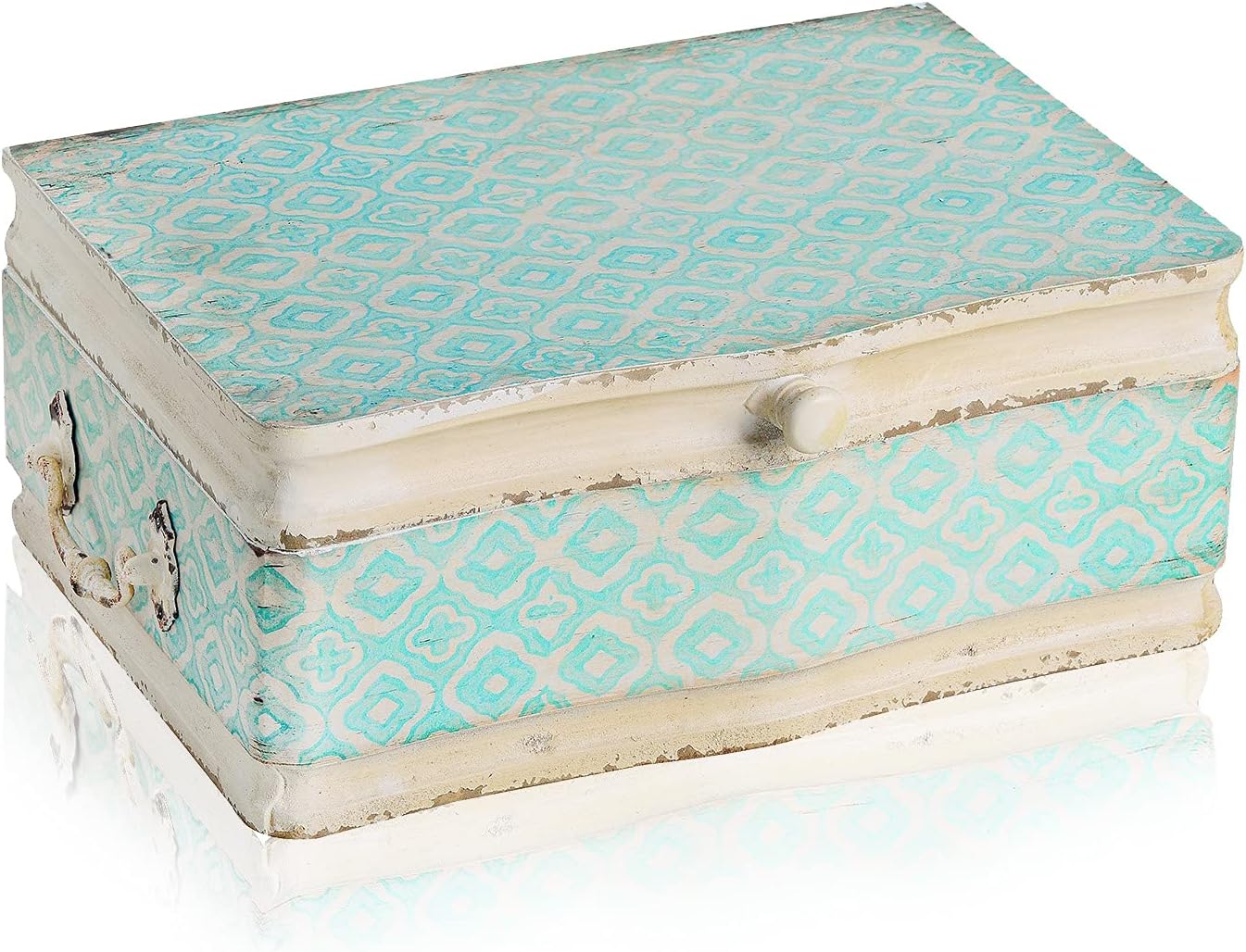 NIKKY HOME Large Wooden Keepsake Box with Hinged Lid, Hand-Painted Vintage Decorative Memory Storage Stash Box, 13 x 9.1 x 4.9 Inches, Pale Blue and Ivory Pack of 2