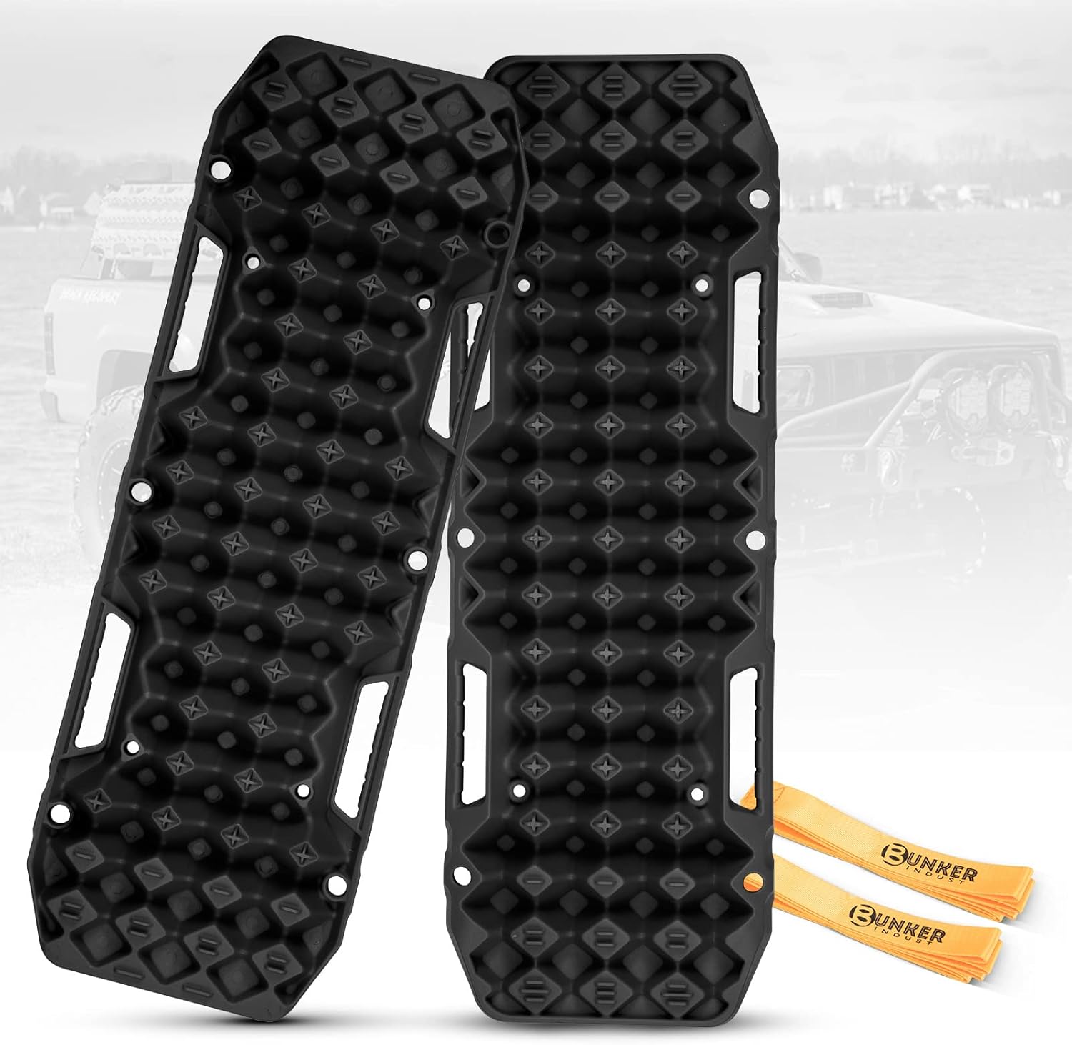 BUNKER INDUST Off-Road Traction Boards, Pair Recovery Tracks Traction Mat for 4WD Jeep Mud, Sand, Snow Traction Pads-Black Emergency Tire Traction Device Pack of 2