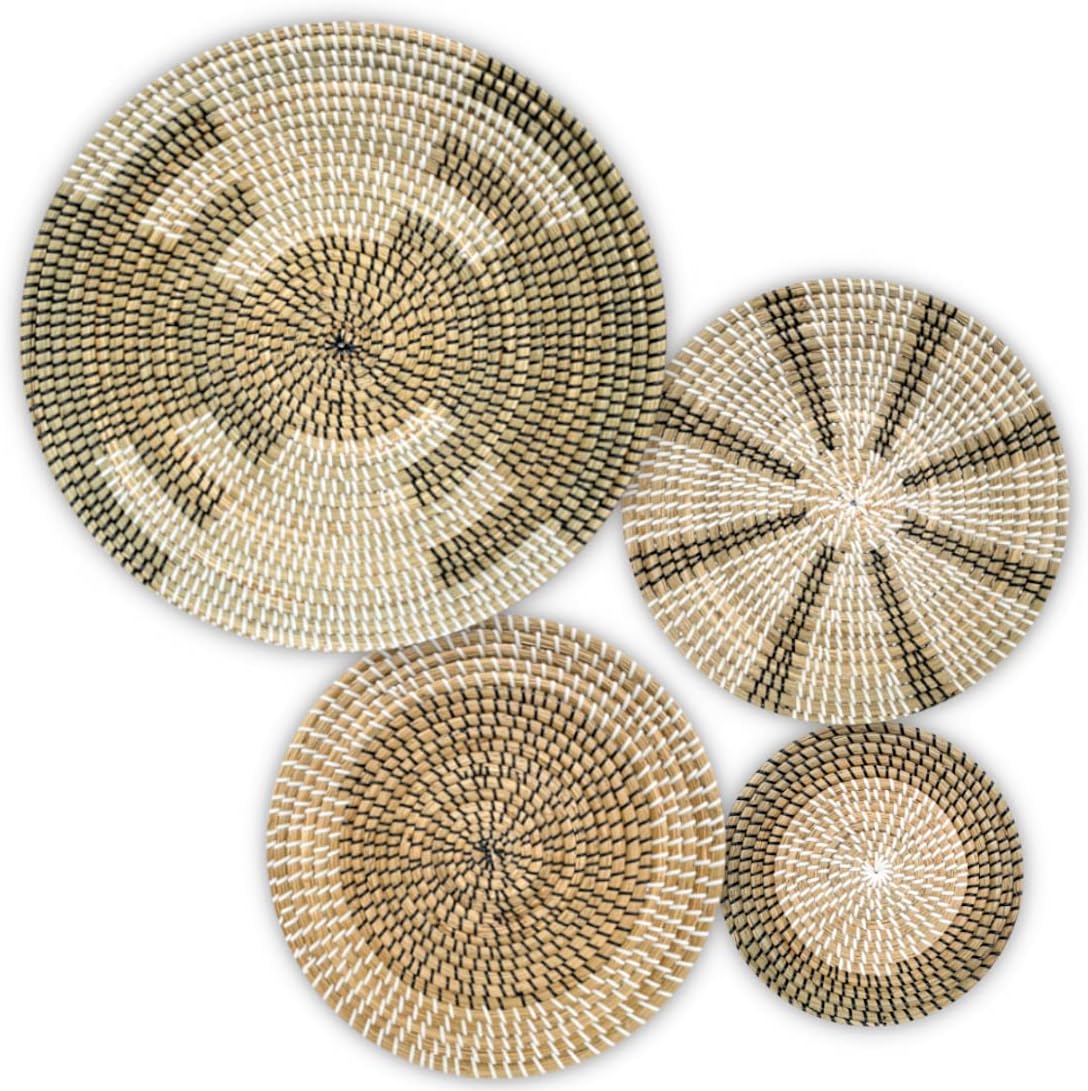 MARLIC Hanging Woven Wall Basket Decor Set of 7 – 18” to 10” – Large Woven Seagrass Hanging Baskets - Black & White Collection - Round Boho Home Decor - 7 Pack