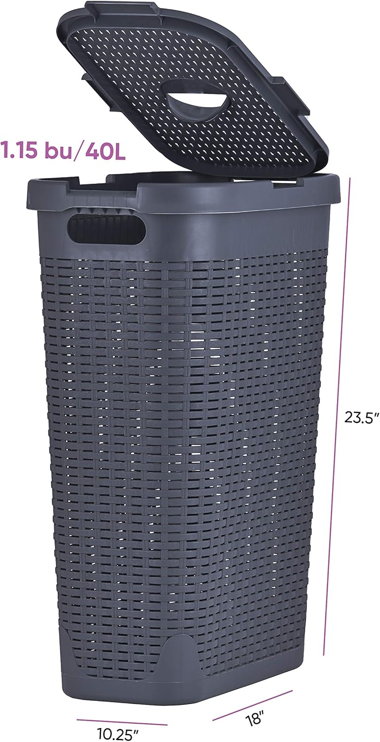 Superio Narrow Laundry Hamper 40 Liter With Easy Lid, Slim and Tall, Grey Durable Wicker Hamper, Washing Bin with Cutout Handles - Dirty Cloths Storage in Bathroom or Bedroom Apartment, Dorms Pack of 2