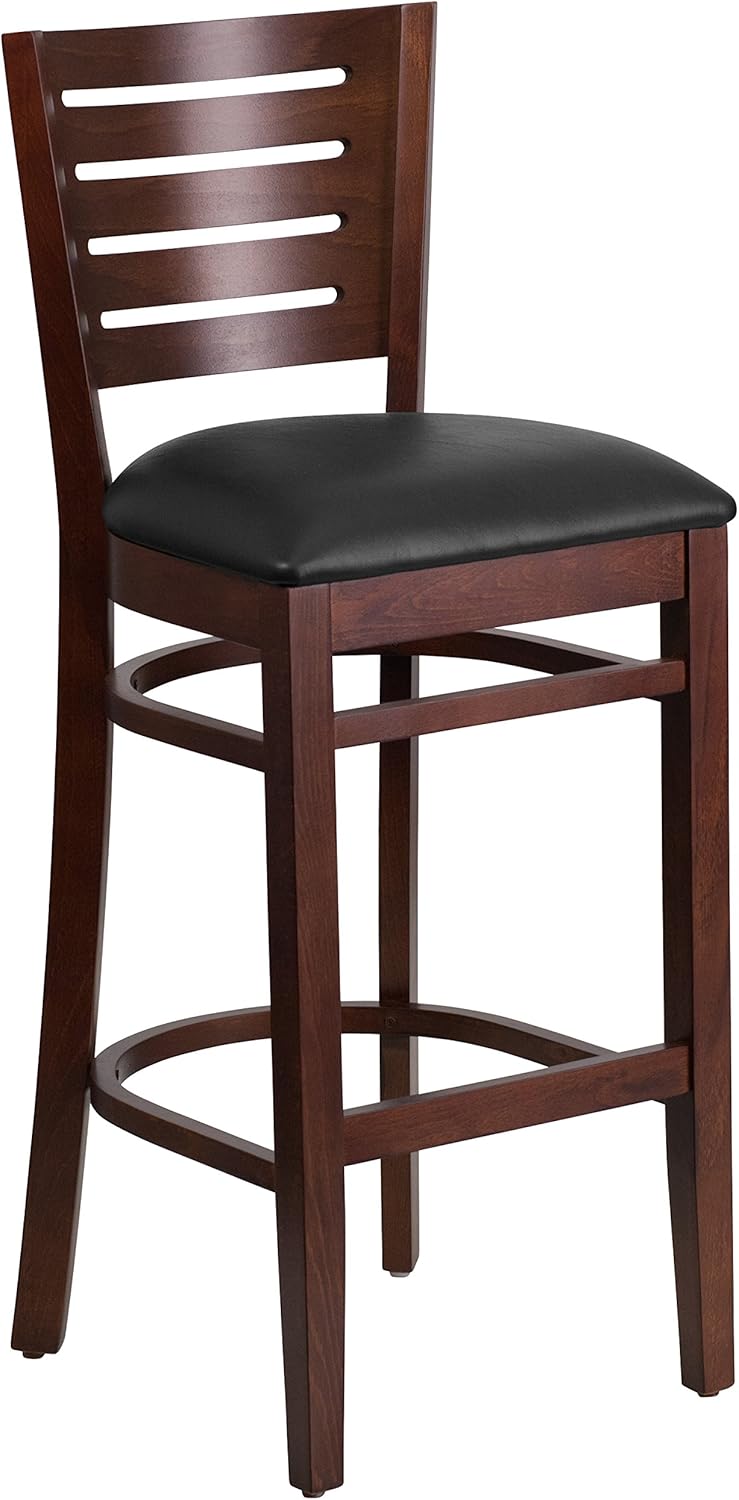 Flash Furniture Darby Series Slat Back Walnut Wood Restaurant Barstool - Black Vinyl Seat