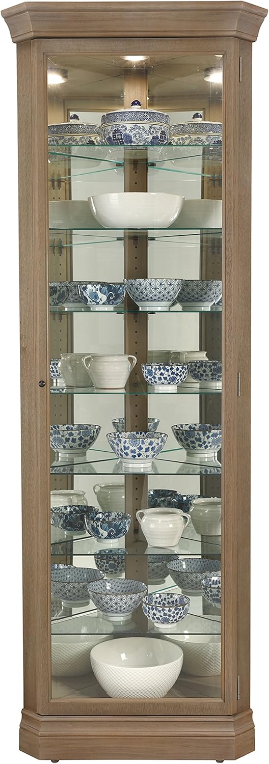 Howard Miller Delia III Curio Cabinet 680-643 &ndash; Aged Grey Finish, Vertical Home Decor, Seven Glass Shelves, Eight Level Display Case, Locking Door, No Reach Light