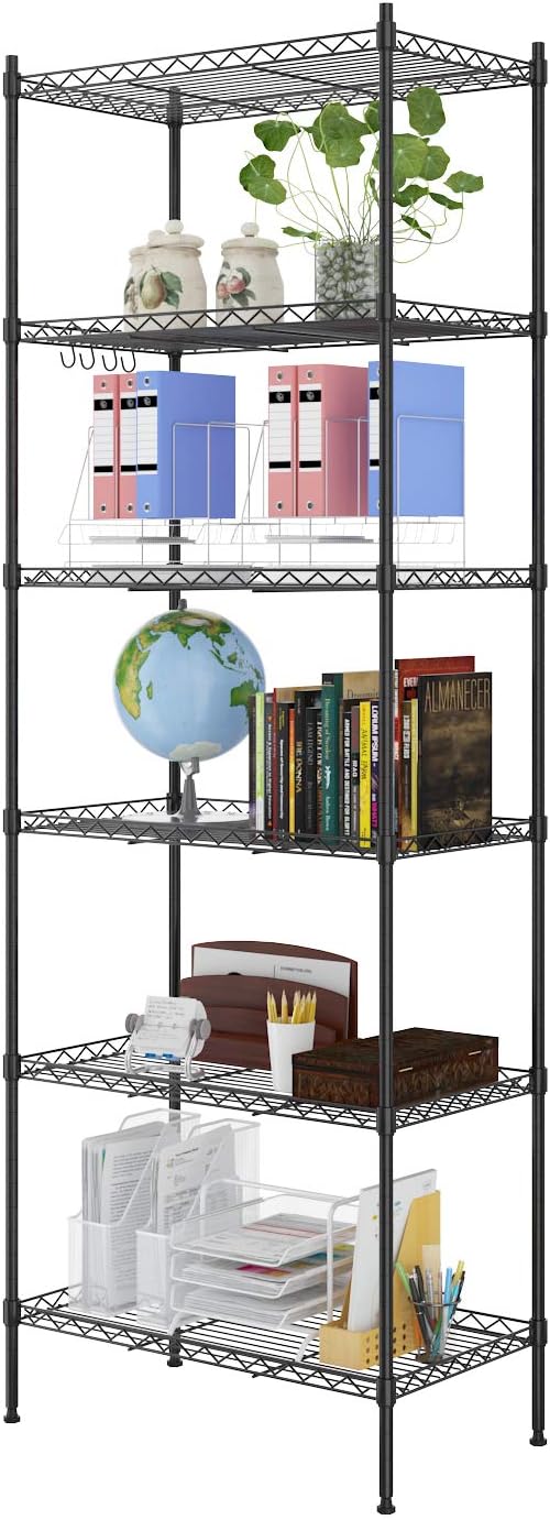 Devo 6-Tier Storage Shelf Wire Shelve Unit Rack Organizer for Garage Level Adjustable,Side Hooks Black