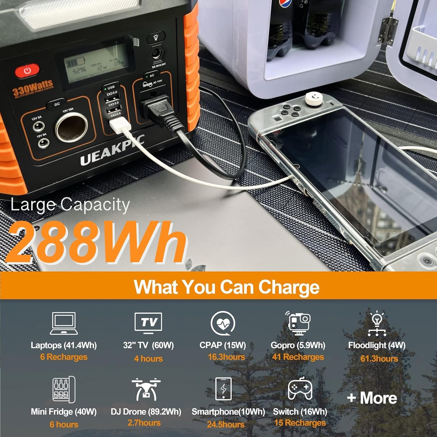 330W Portable Power Station, UEAKPIC 288.6Wh/78000mAh Solar Powered Generator with AC/DC/USB/PD60W Type-C Ports/Wireless Charger/Flashlight, CPAP Battery Backup Power Supply for Camping Travel Hunting